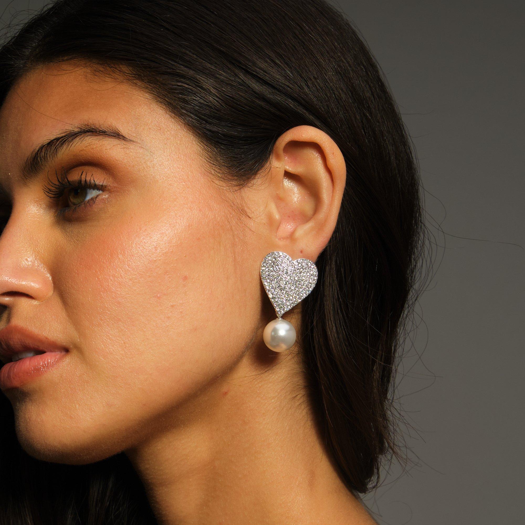 Silver - Mood - Silver Crystal Heart With Pearl Statement Earrings - 4