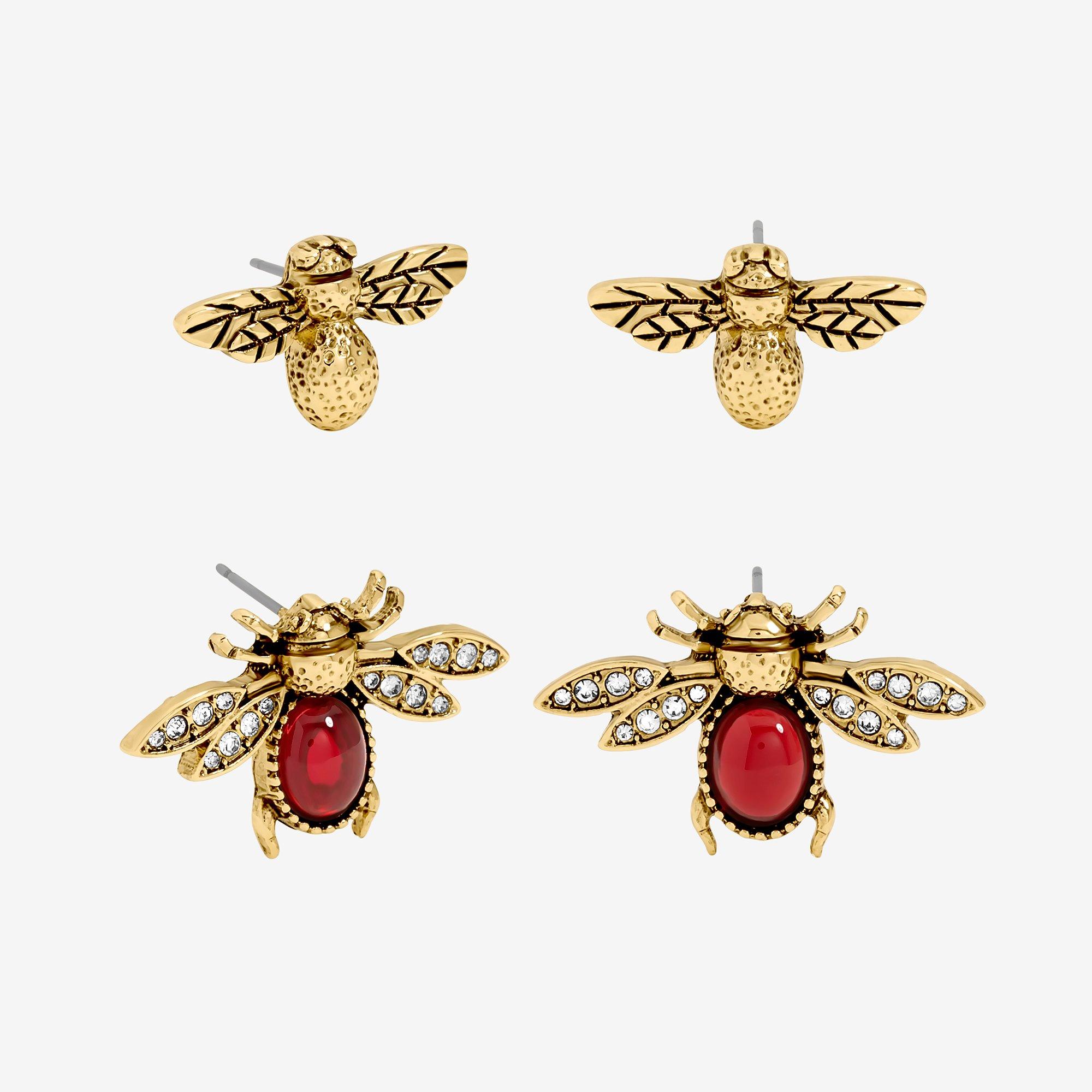 Gold - Mood - Gold & Red Insect Stud Earrings - Pack of 2 - 1