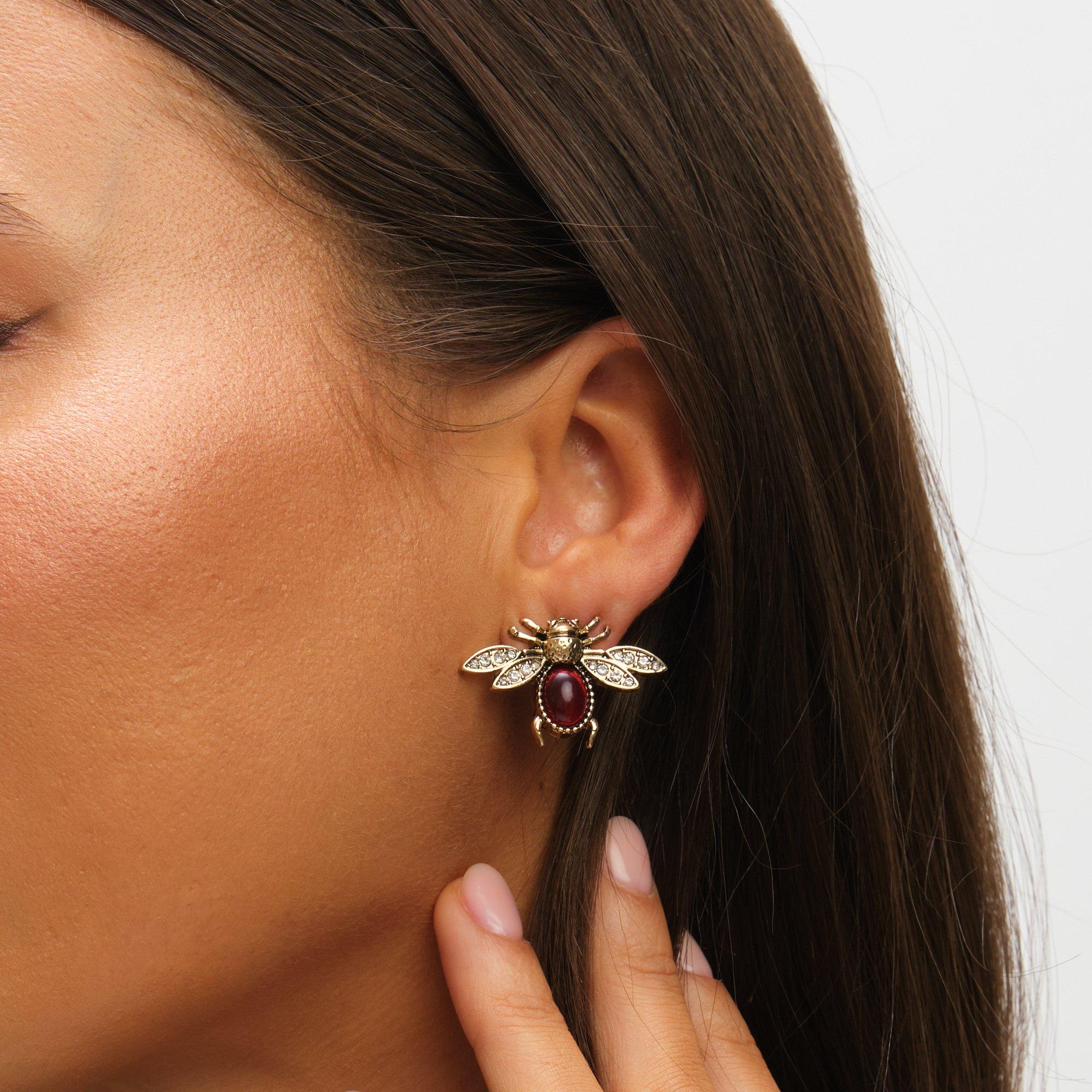 Gold - Mood - Gold & Red Insect Stud Earrings - Pack of 2 - 2