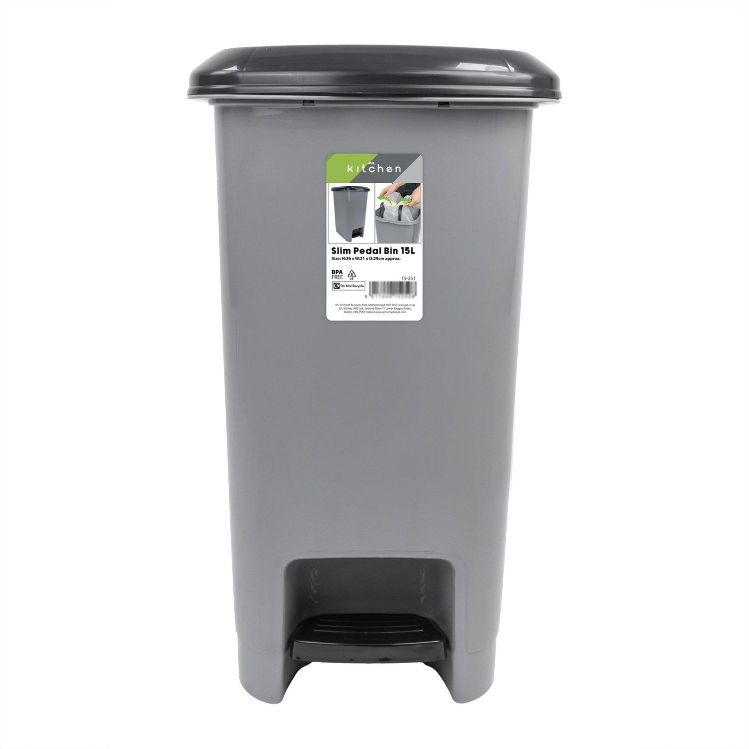 Grey - JVL - JVL Slim Pedal Bin - 15L - 1