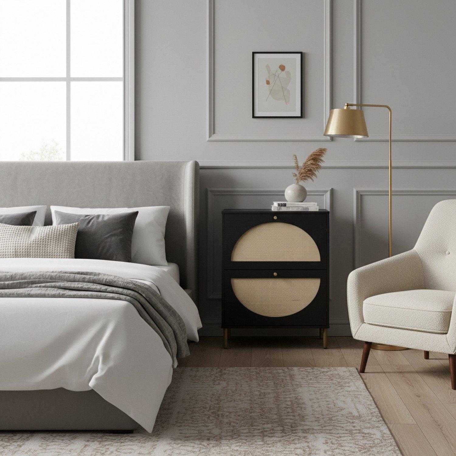 Black - Linea - Black Rattan Modern Nightstand - 1