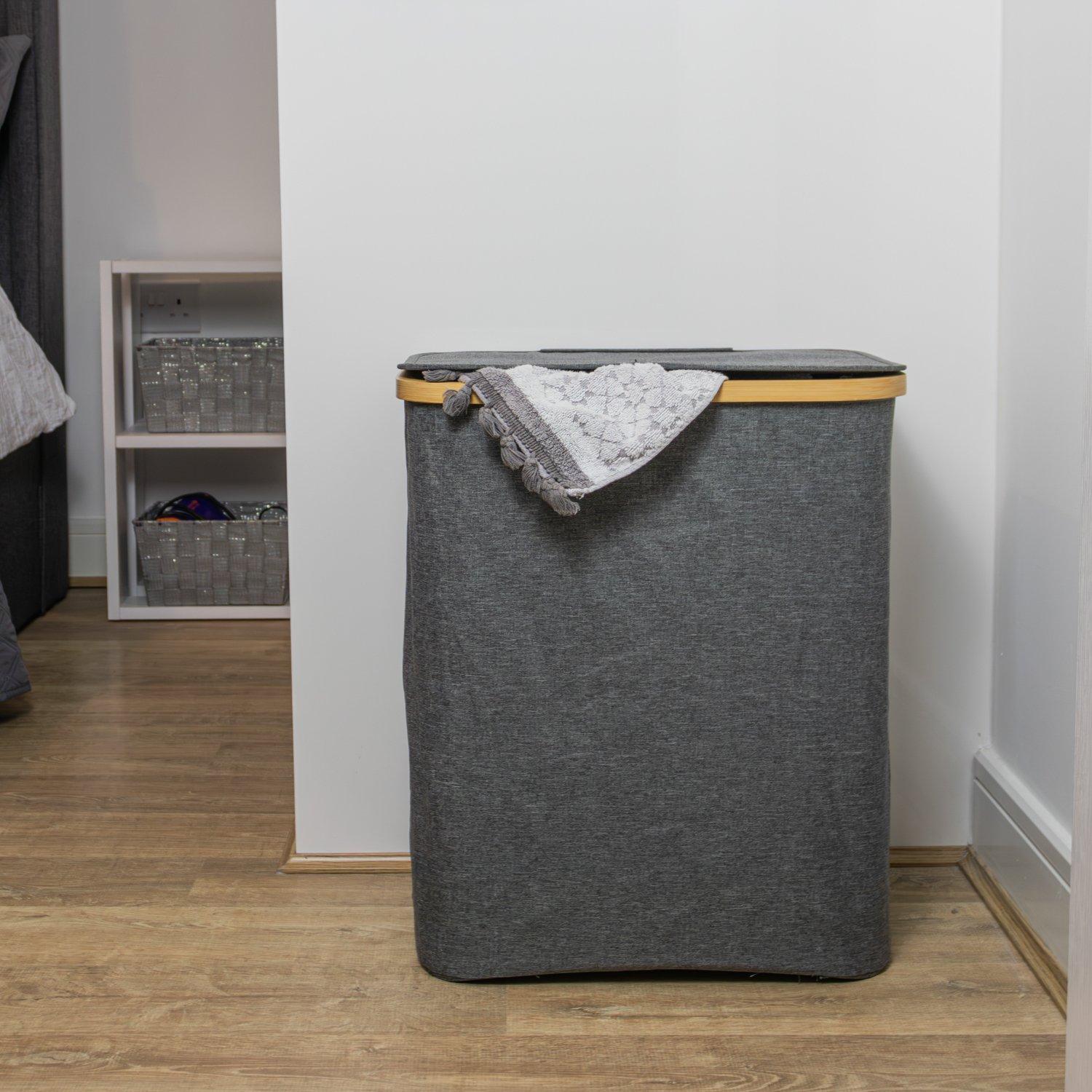 Grey - JVL - JVL Bambanio Foldable Bamboo Laundry Hamper - 66L - 8