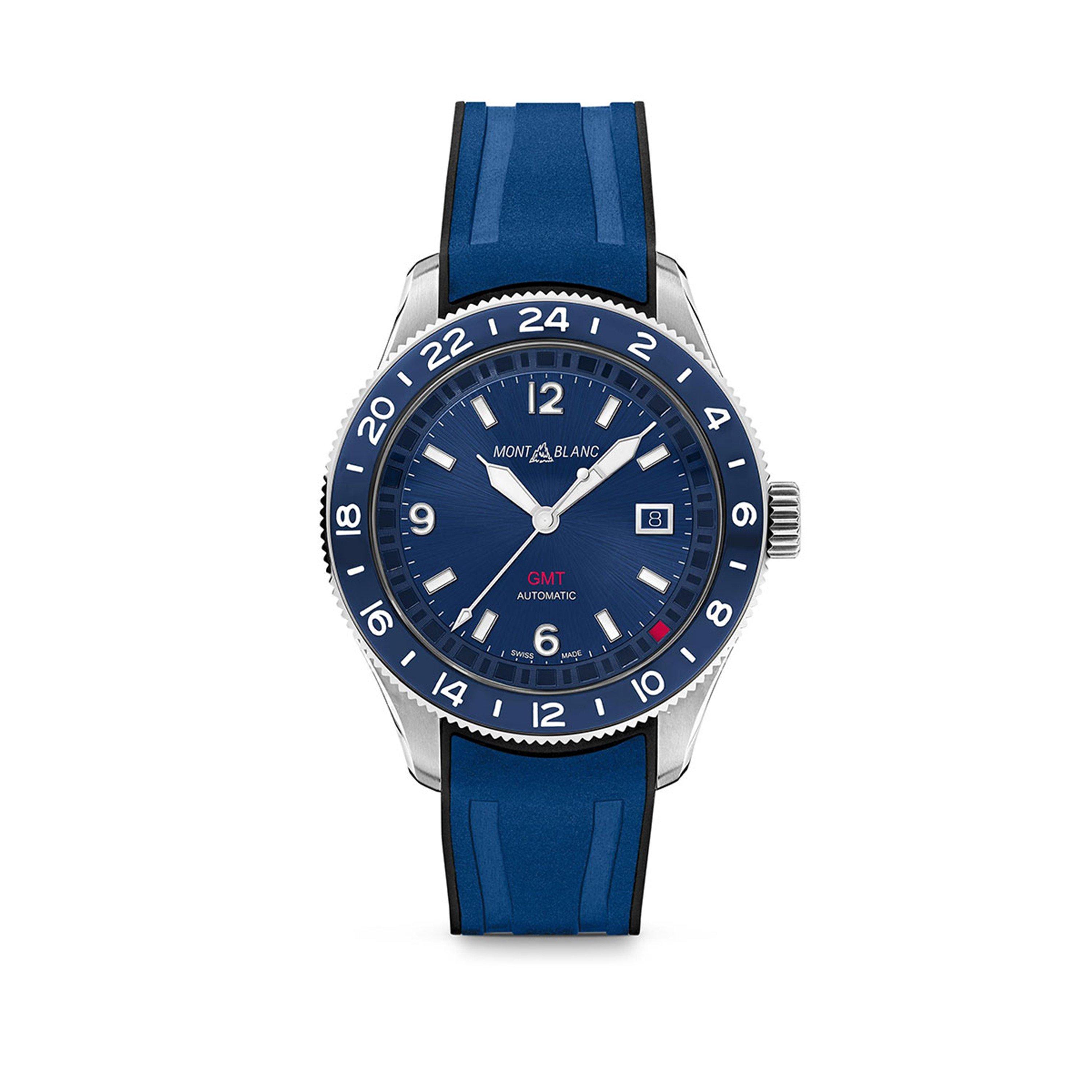 Montblanc Men's GMT Rubber Strap Automatic Analogue Watch - Blue/Silver