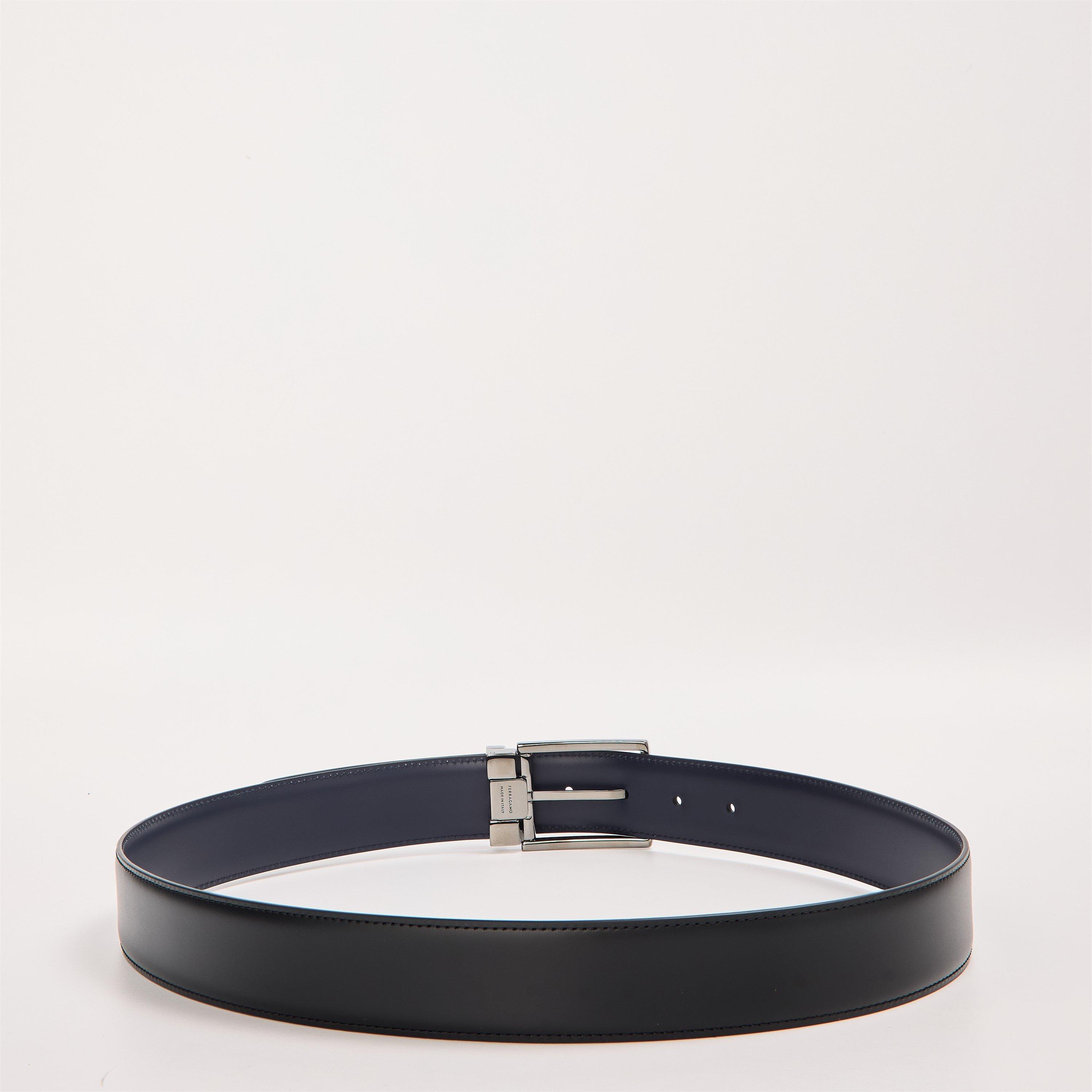 Nero/Midnight - Ferragamo - Men's Square Double Adjustable Leather Belt - 2