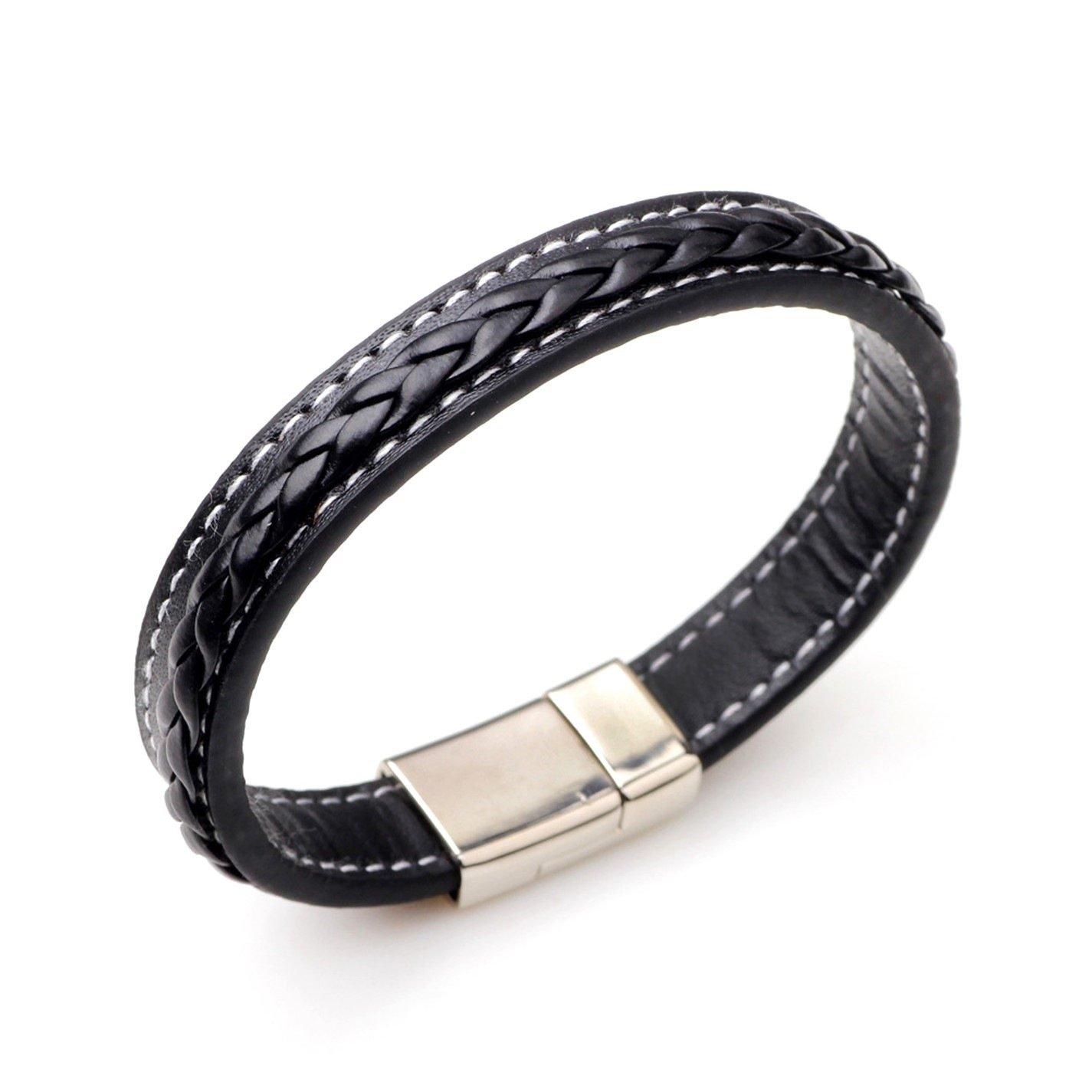 Black - Aye Do Gifts - Mens Stitched Black Leather Bracelet 6319-NP-MFAU - 1