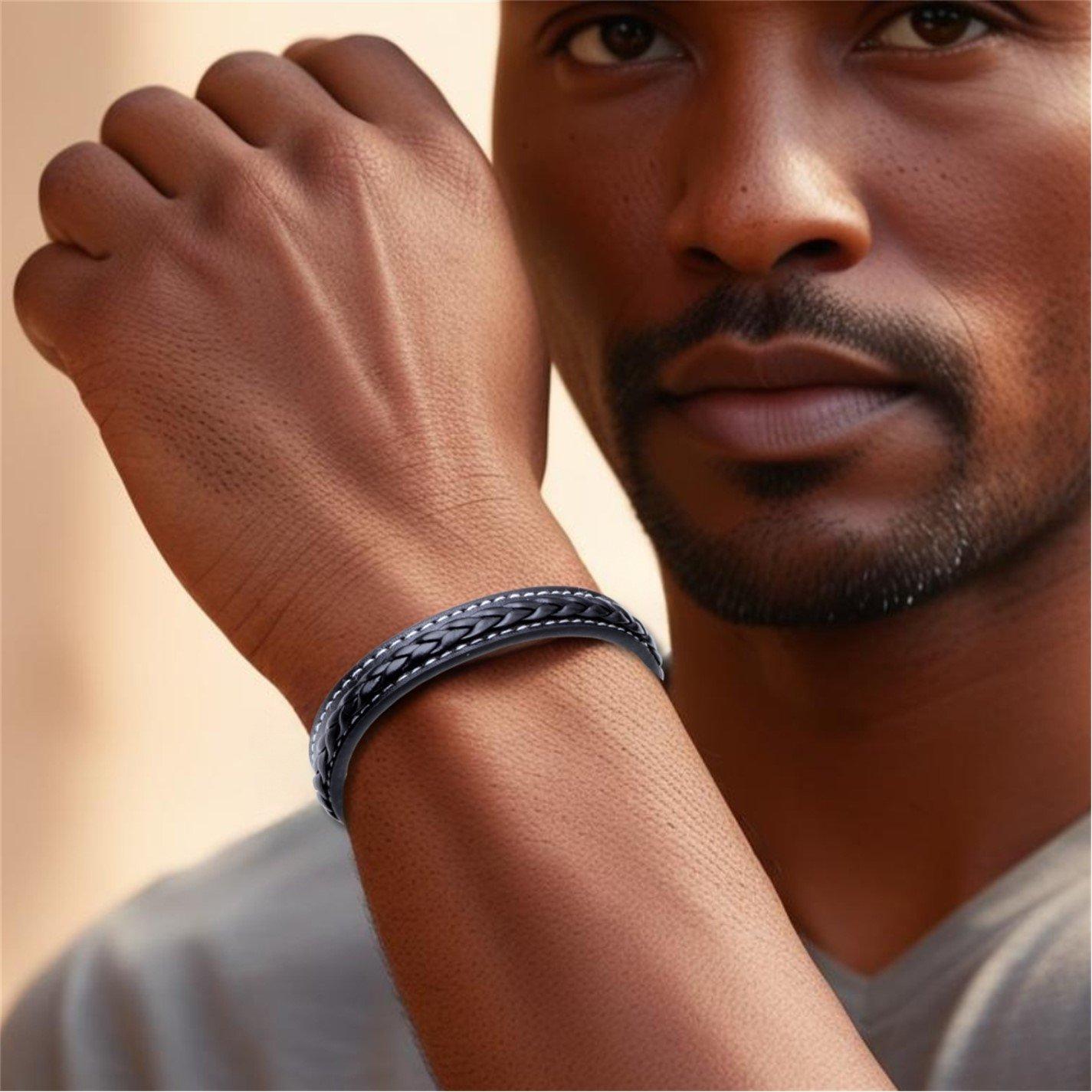 Black - Aye Do Gifts - Mens Stitched Black Leather Bracelet 6319-NP-MFAU - 2