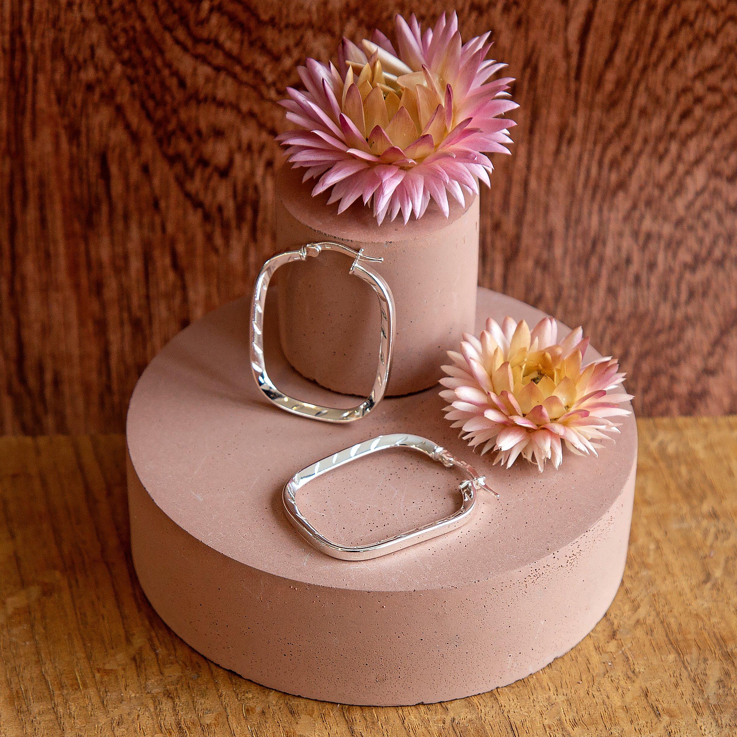 Sterling Silver - Be You - Sterling Silver Patterned-Rectangle Hoops - 3