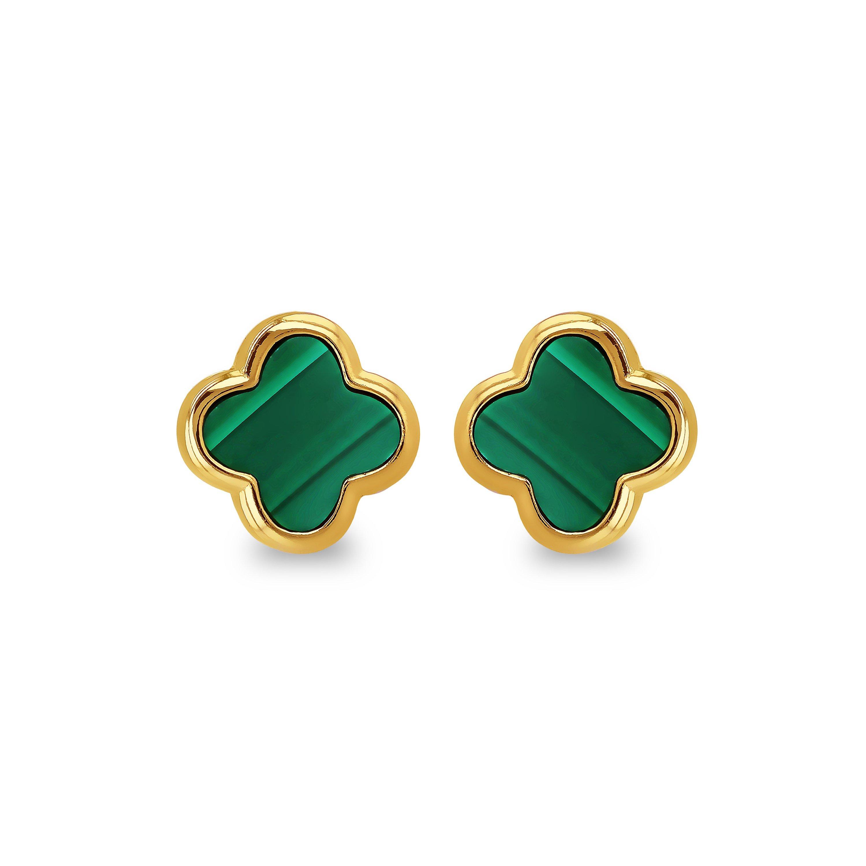 Yellow Gold Pla - Be You - Sterling Silver Gold Plated Clover Malachite Studs - 1