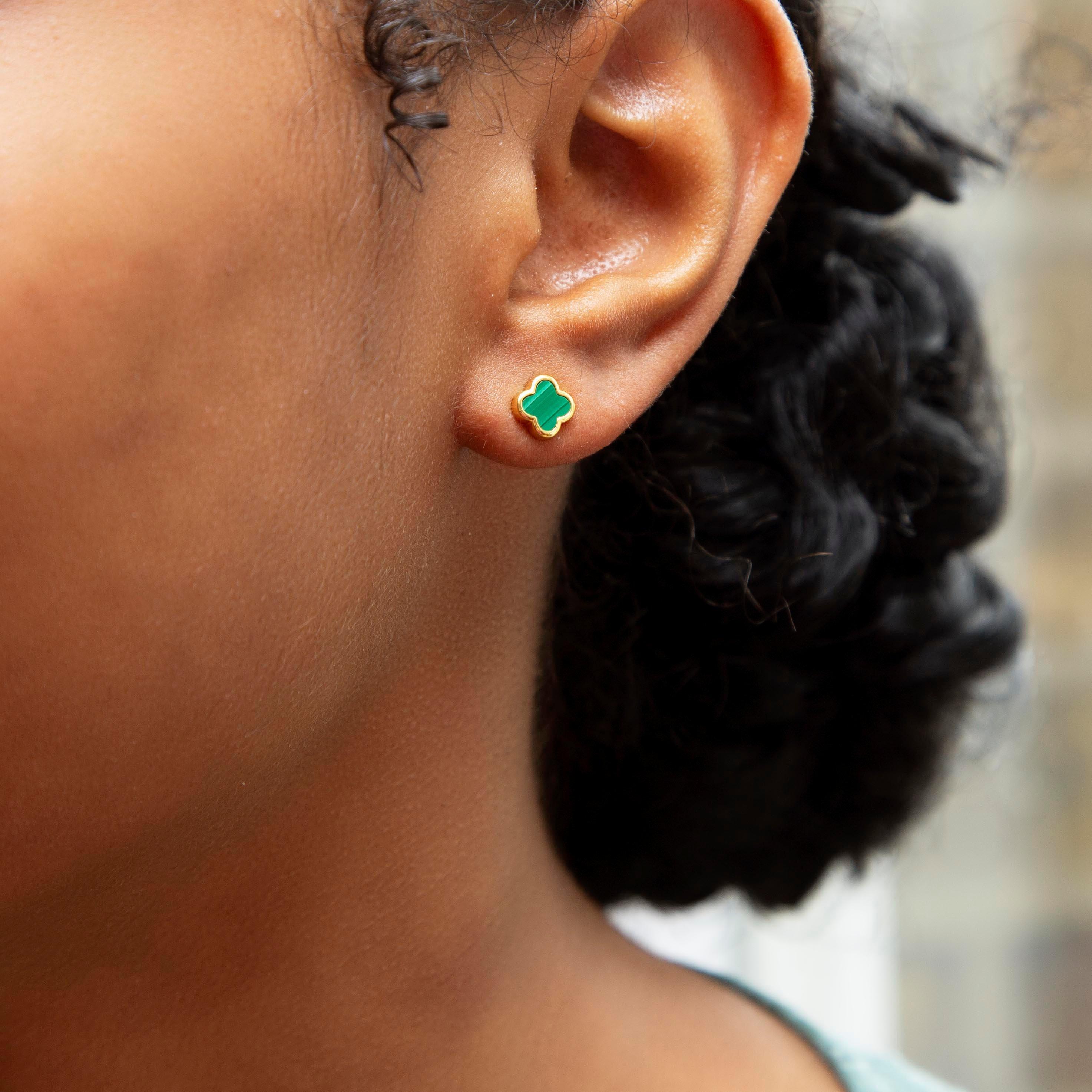 Yellow Gold Pla - Be You - Sterling Silver Gold Plated Clover Malachite Studs - 2