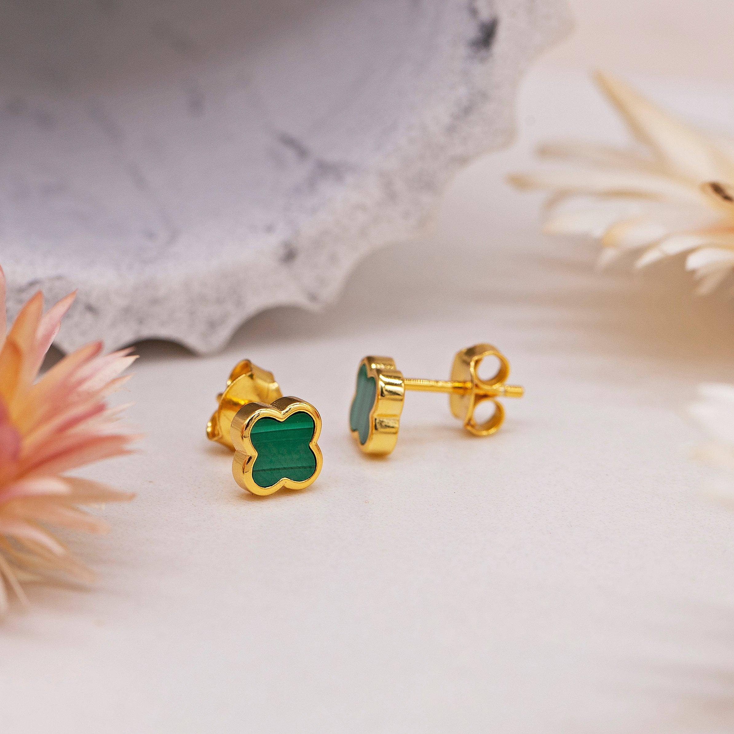 Yellow Gold Pla - Be You - Sterling Silver Gold Plated Clover Malachite Studs - 3