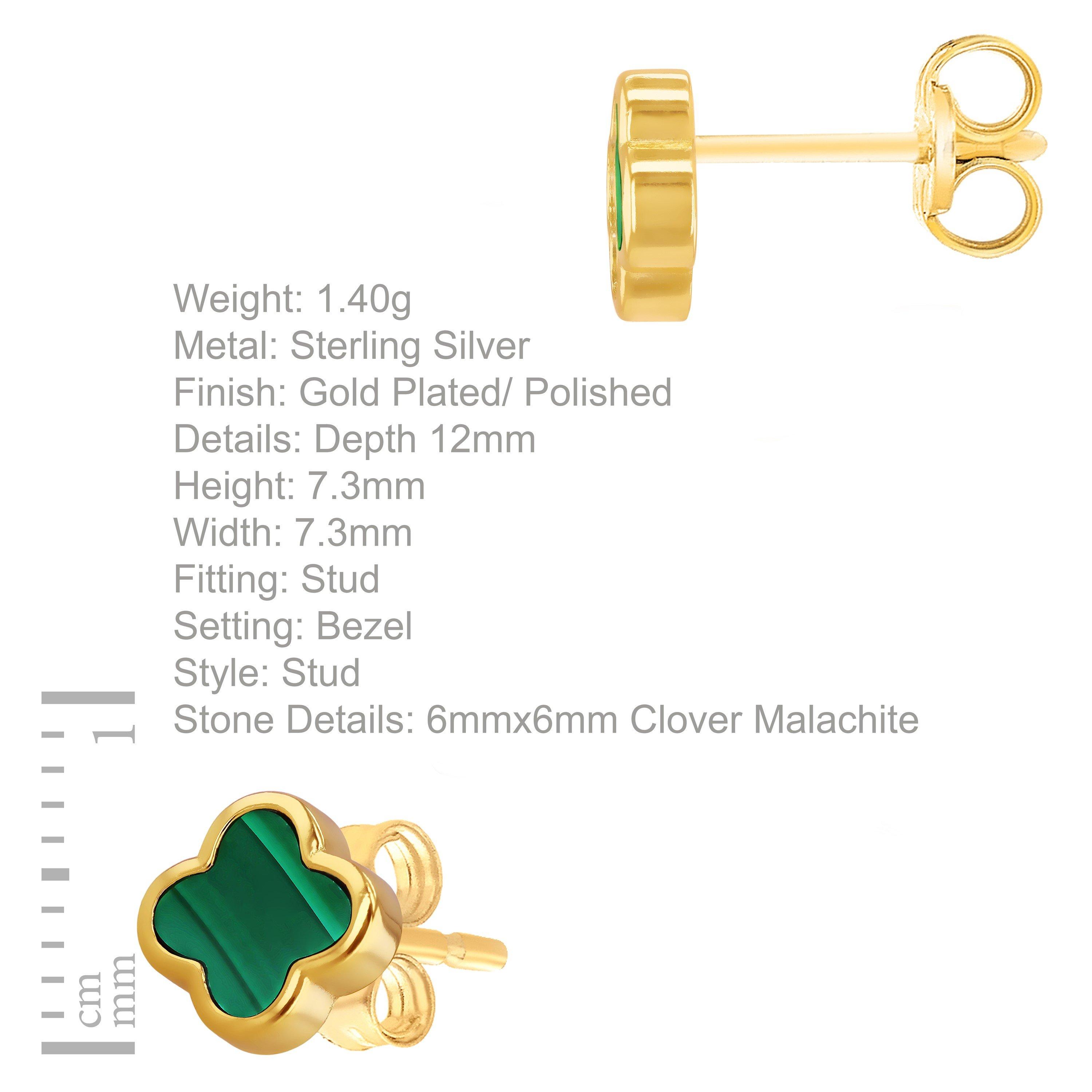 Yellow Gold Pla - Be You - Sterling Silver Gold Plated Clover Malachite Studs - 4