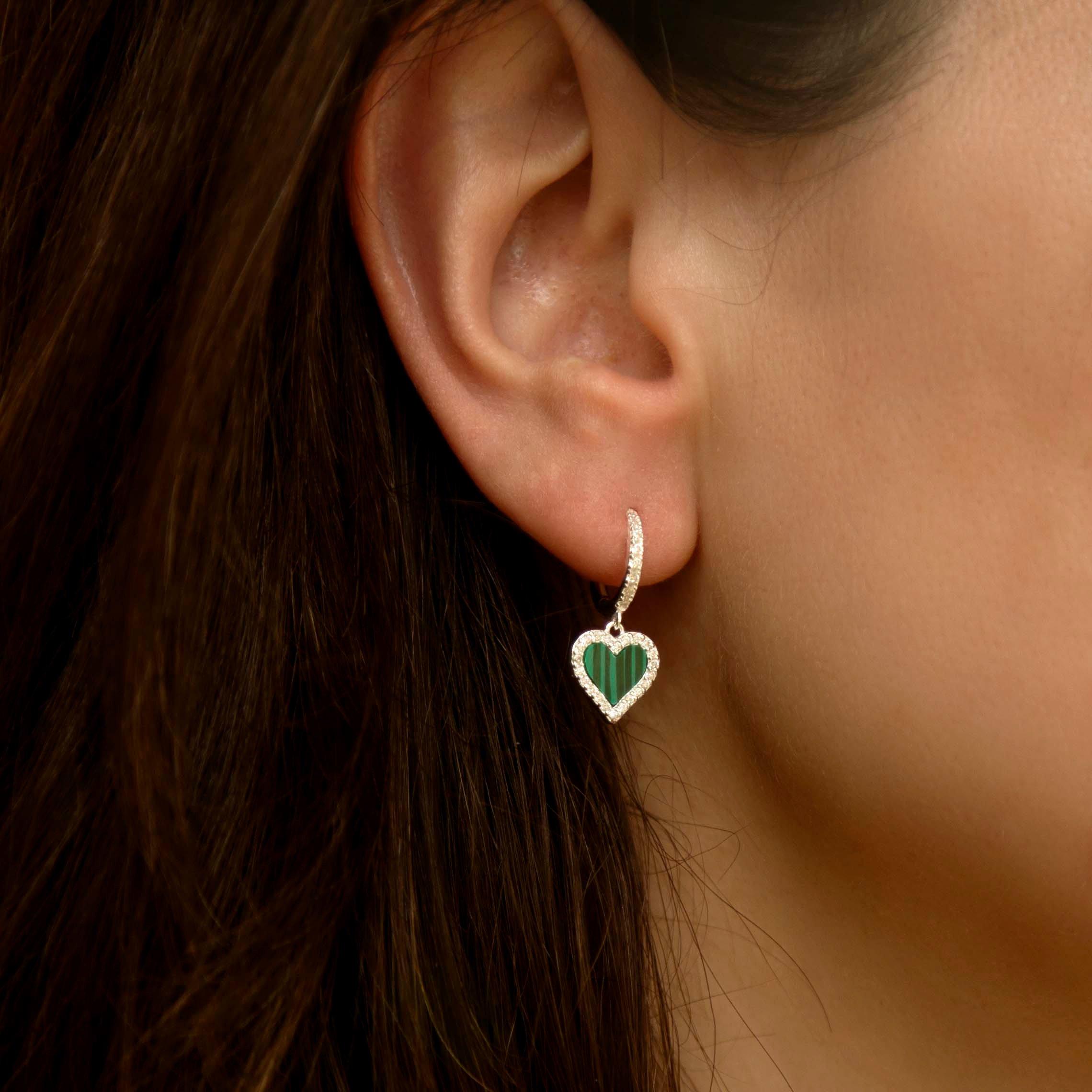 Sterling Silver - Be You - Sterling Silver Malachite & CZ Heart Drop Earrings - 2