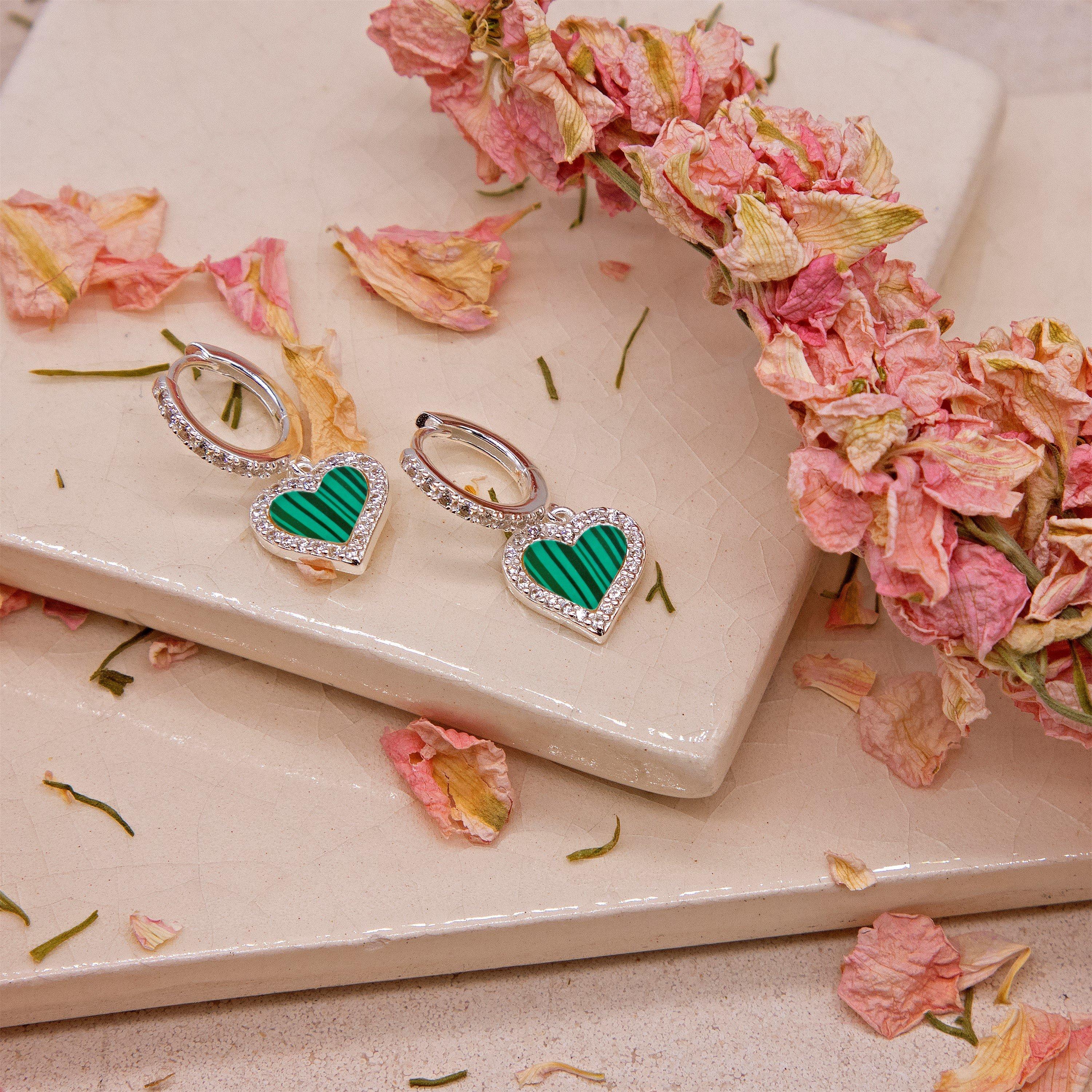 Sterling Silver - Be You - Sterling Silver Malachite & CZ Heart Drop Earrings - 3
