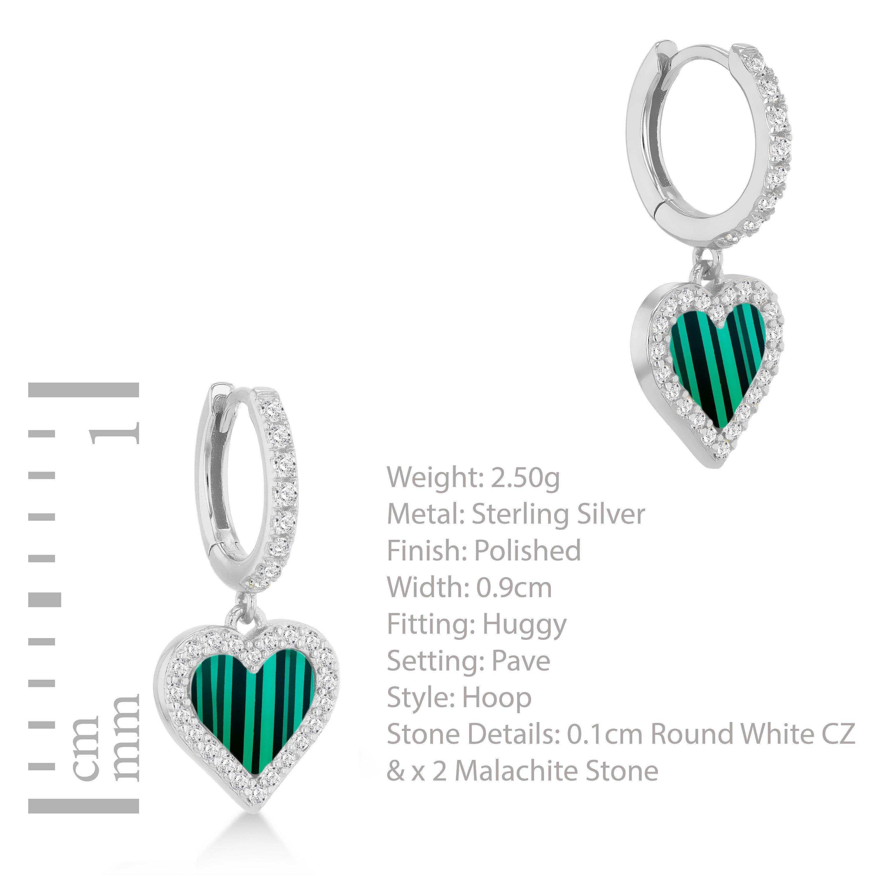 Sterling Silver - Be You - Sterling Silver Malachite & CZ Heart Drop Earrings - 4