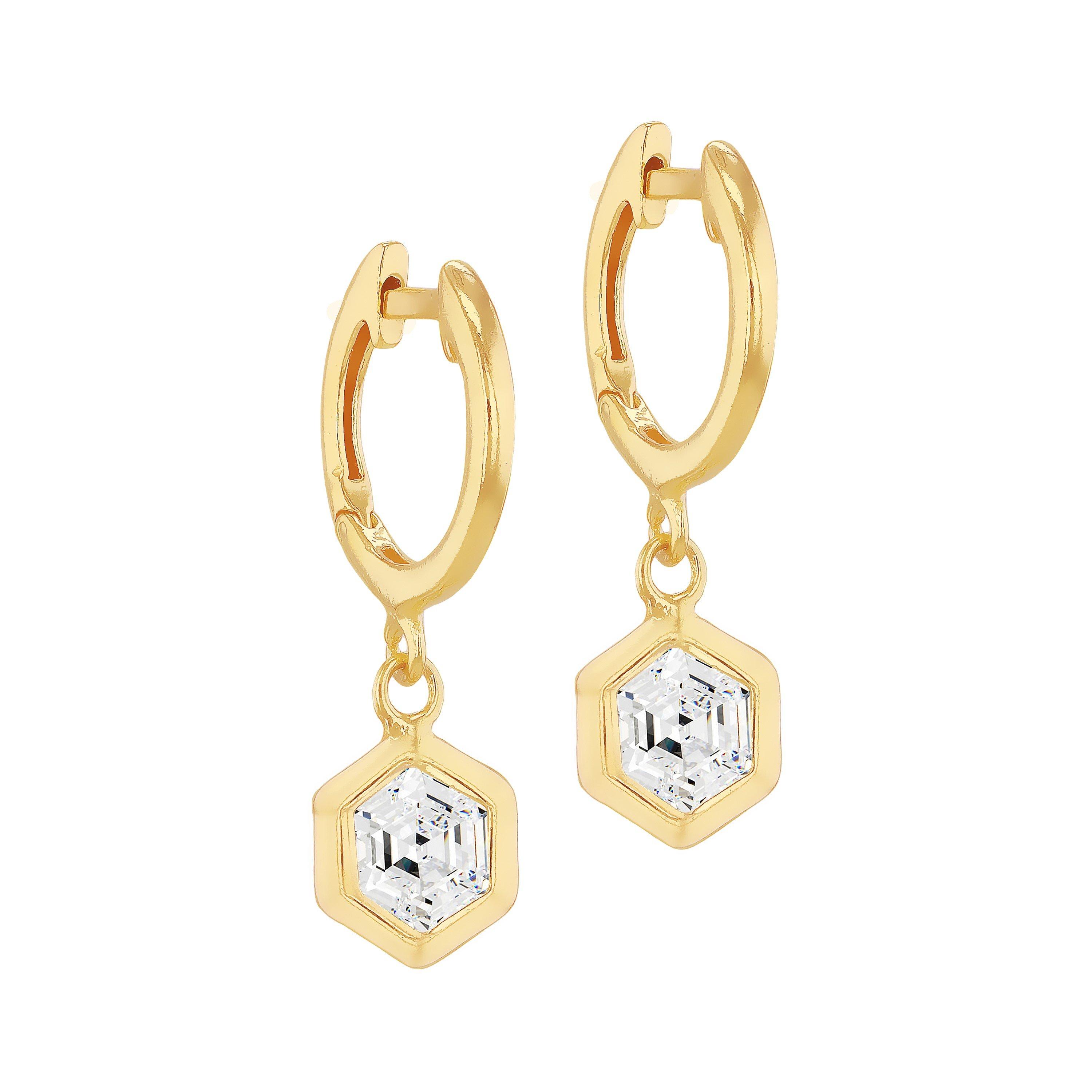 Yellow Gold Pla - Be You - Sterling Silver Gold Plated Hexagon CZ Earring - 1