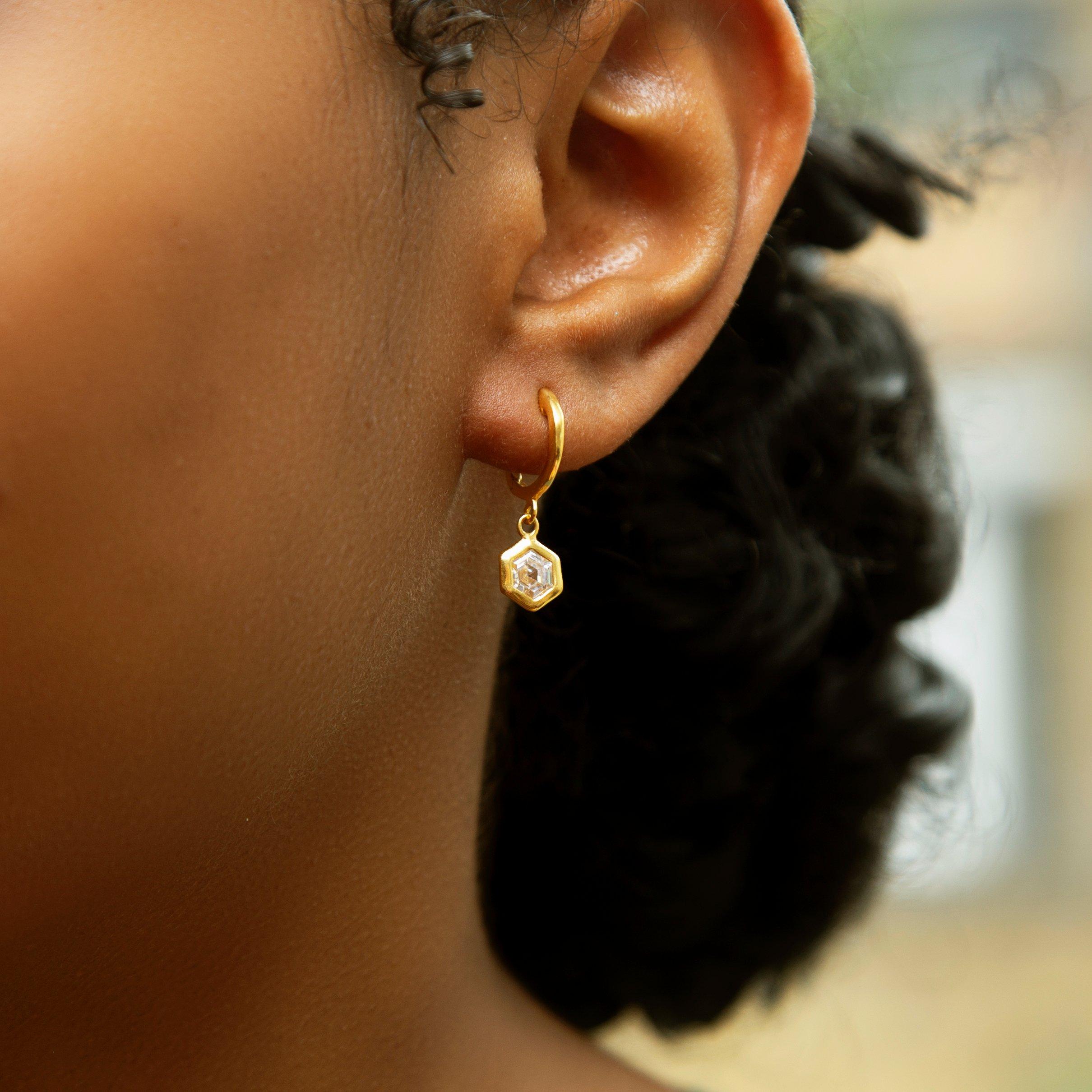 Yellow Gold Pla - Be You - Sterling Silver Gold Plated Hexagon CZ Earring - 2