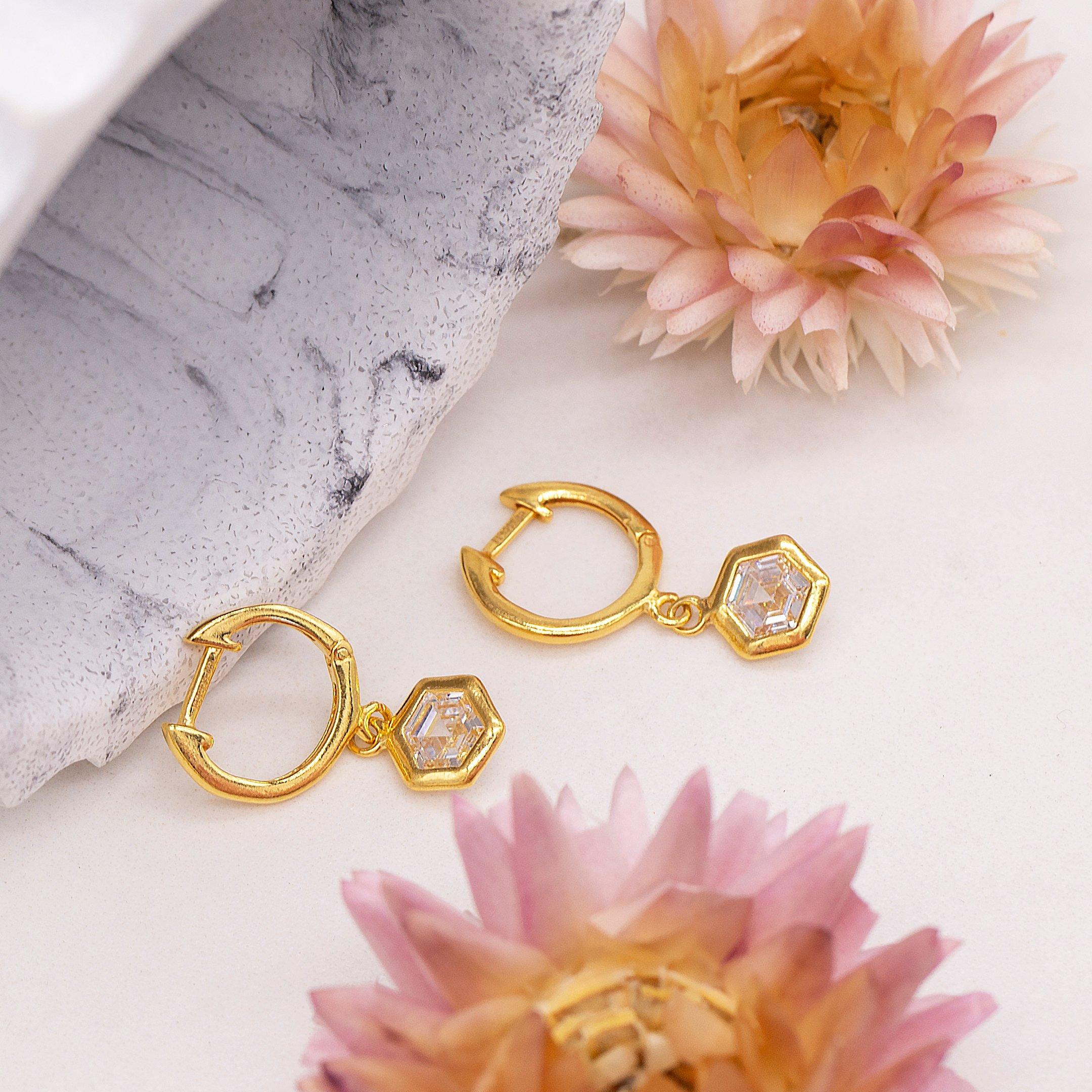 Yellow Gold Pla - Be You - Sterling Silver Gold Plated Hexagon CZ Earring - 3
