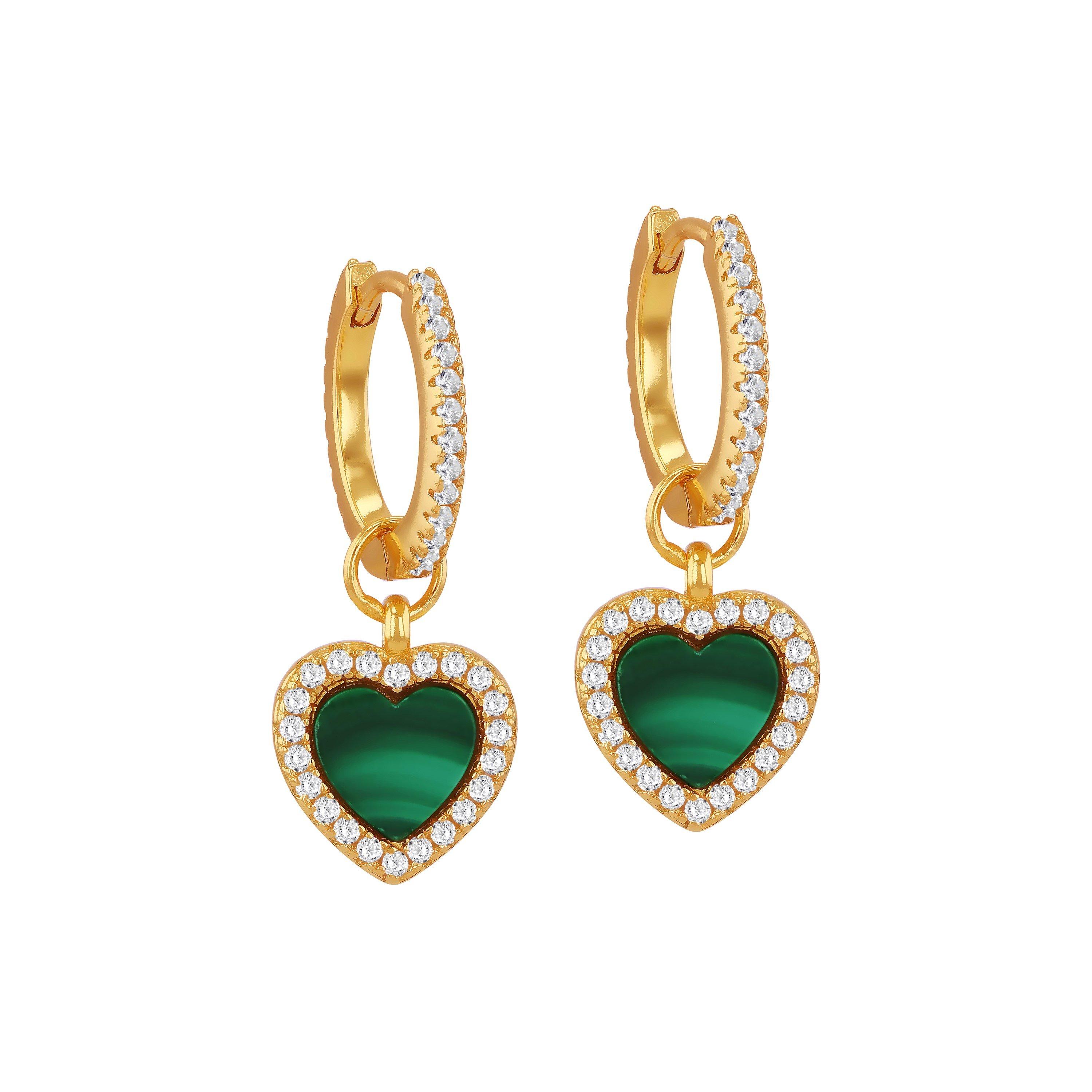 Yellow Gold Pla - Be You - Silver Gold Plated Heart Malachite & CZ Huggys - 1