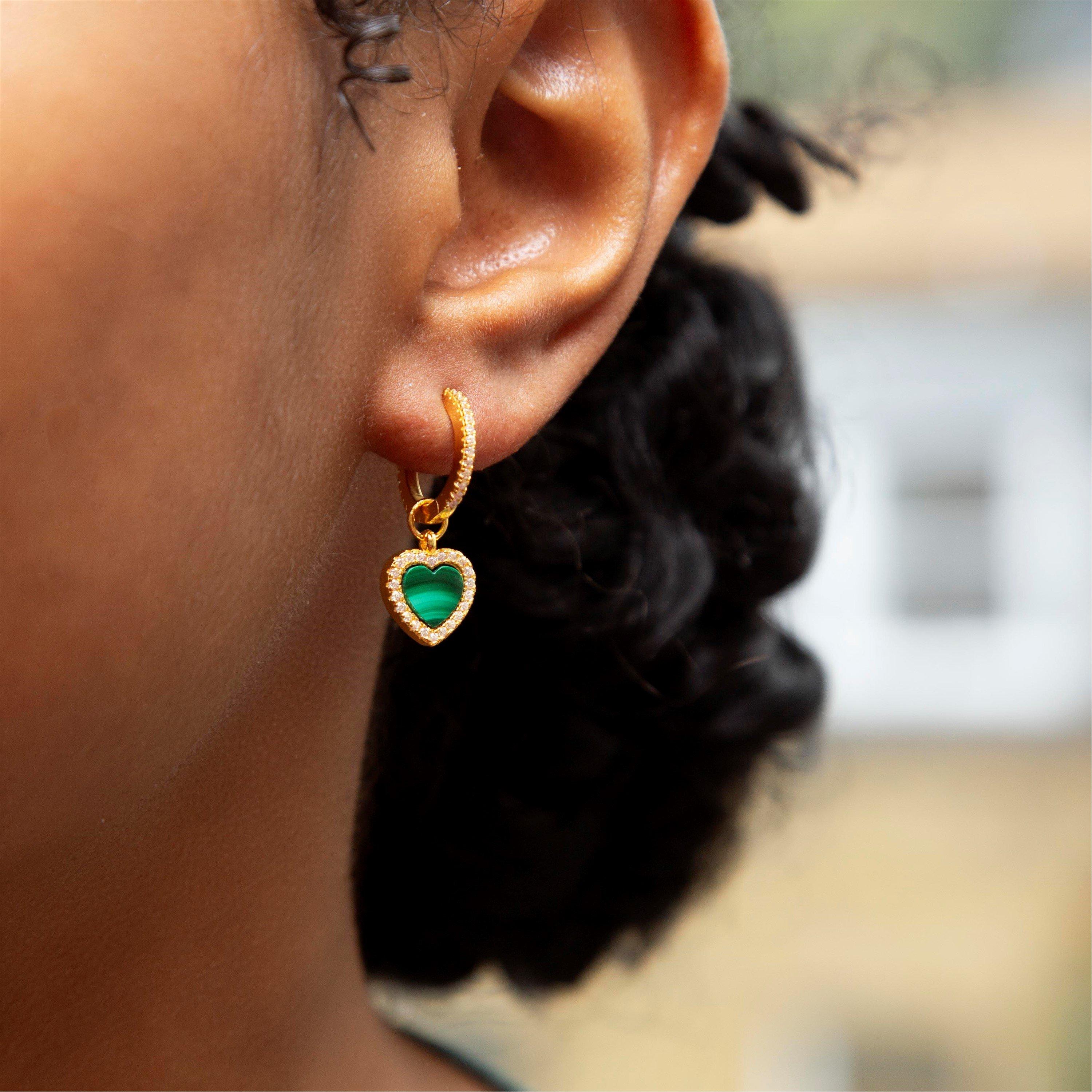 Yellow Gold Pla - Be You - Silver Gold Plated Heart Malachite & CZ Huggys - 2