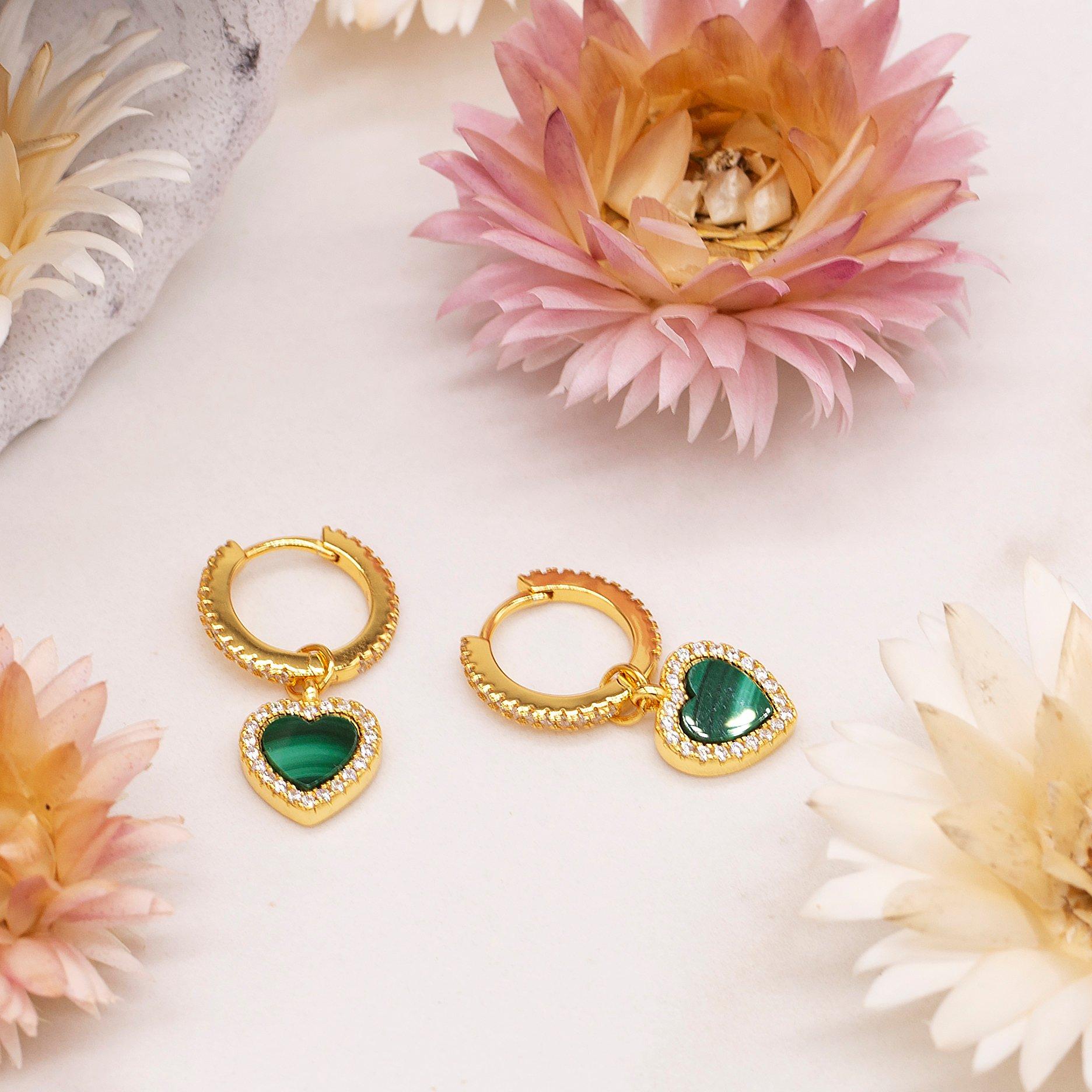 Yellow Gold Pla - Be You - Silver Gold Plated Heart Malachite & CZ Huggys - 3