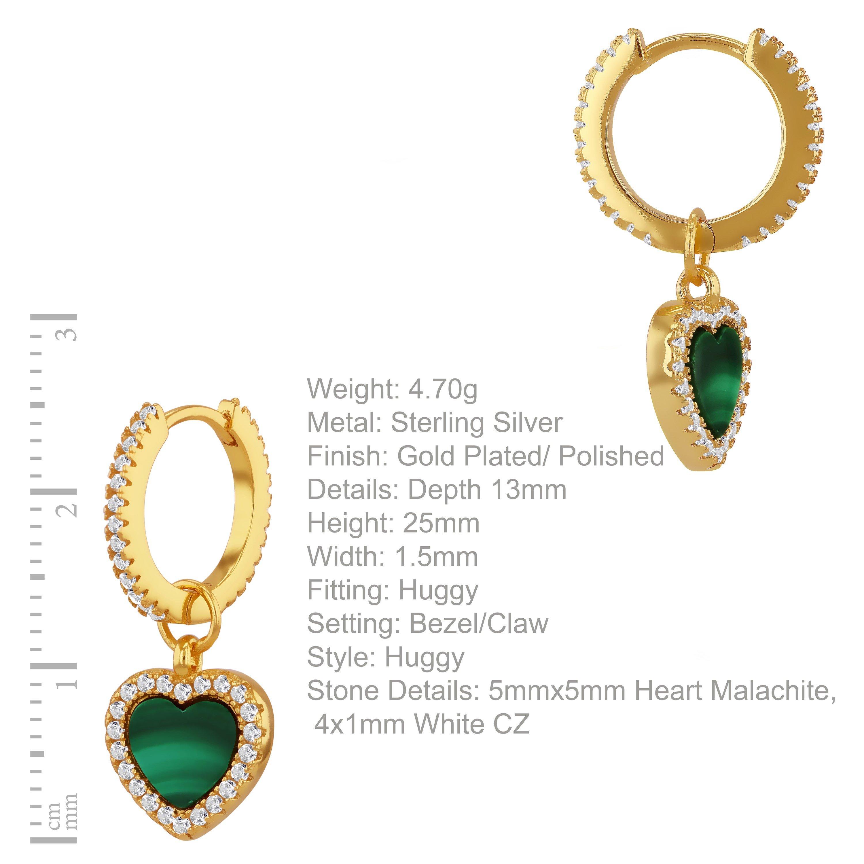 Yellow Gold Pla - Be You - Silver Gold Plated Heart Malachite & CZ Huggys - 4