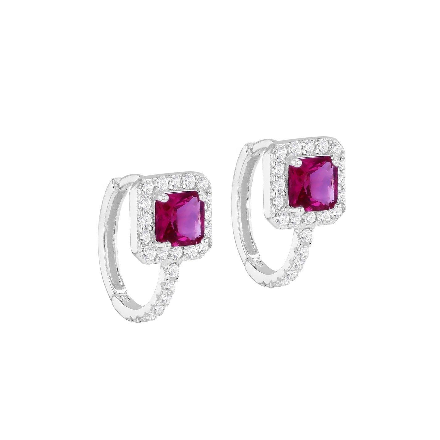 Sterling Silver - Be You - Sterling Silver CZ Ruby Cushion Huggy Earrings - 1
