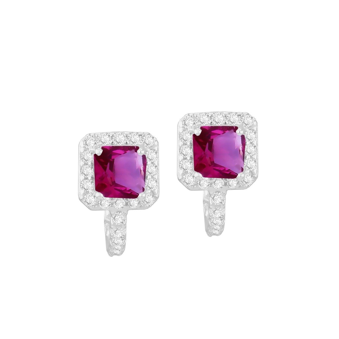Sterling Silver - Be You - Sterling Silver CZ Ruby Cushion Huggy Earrings - 2