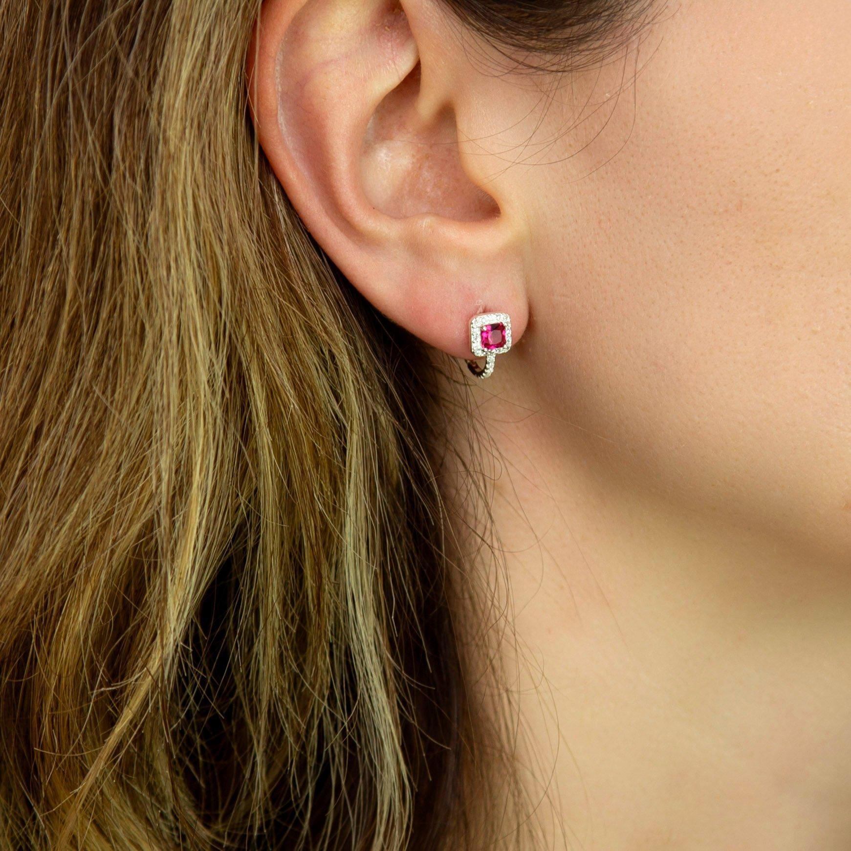 Sterling Silver - Be You - Sterling Silver CZ Ruby Cushion Huggy Earrings - 4