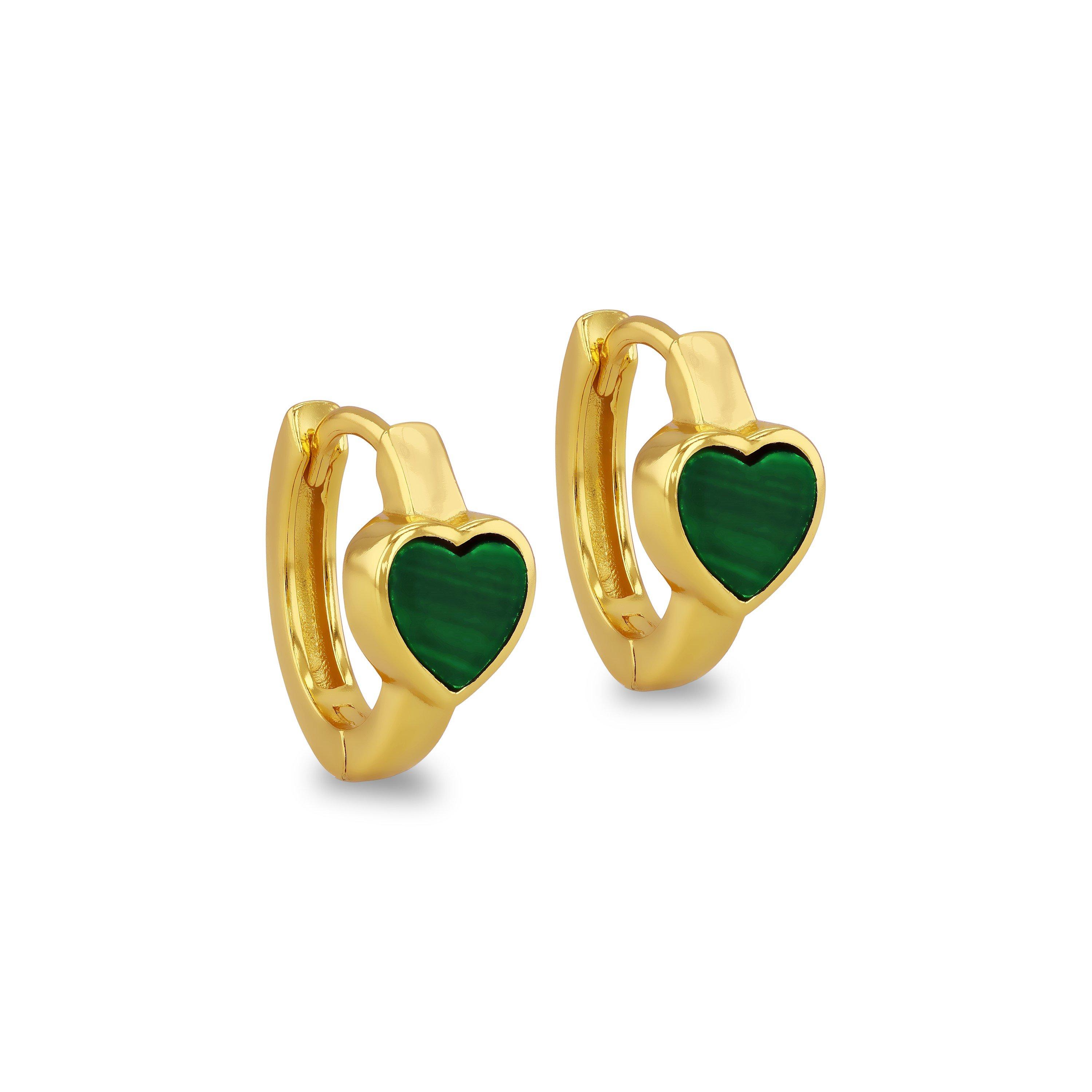 Yellow Gold Pla - Be You - Sterling Silver Gold Plated Heart Malachite Huggys - 1