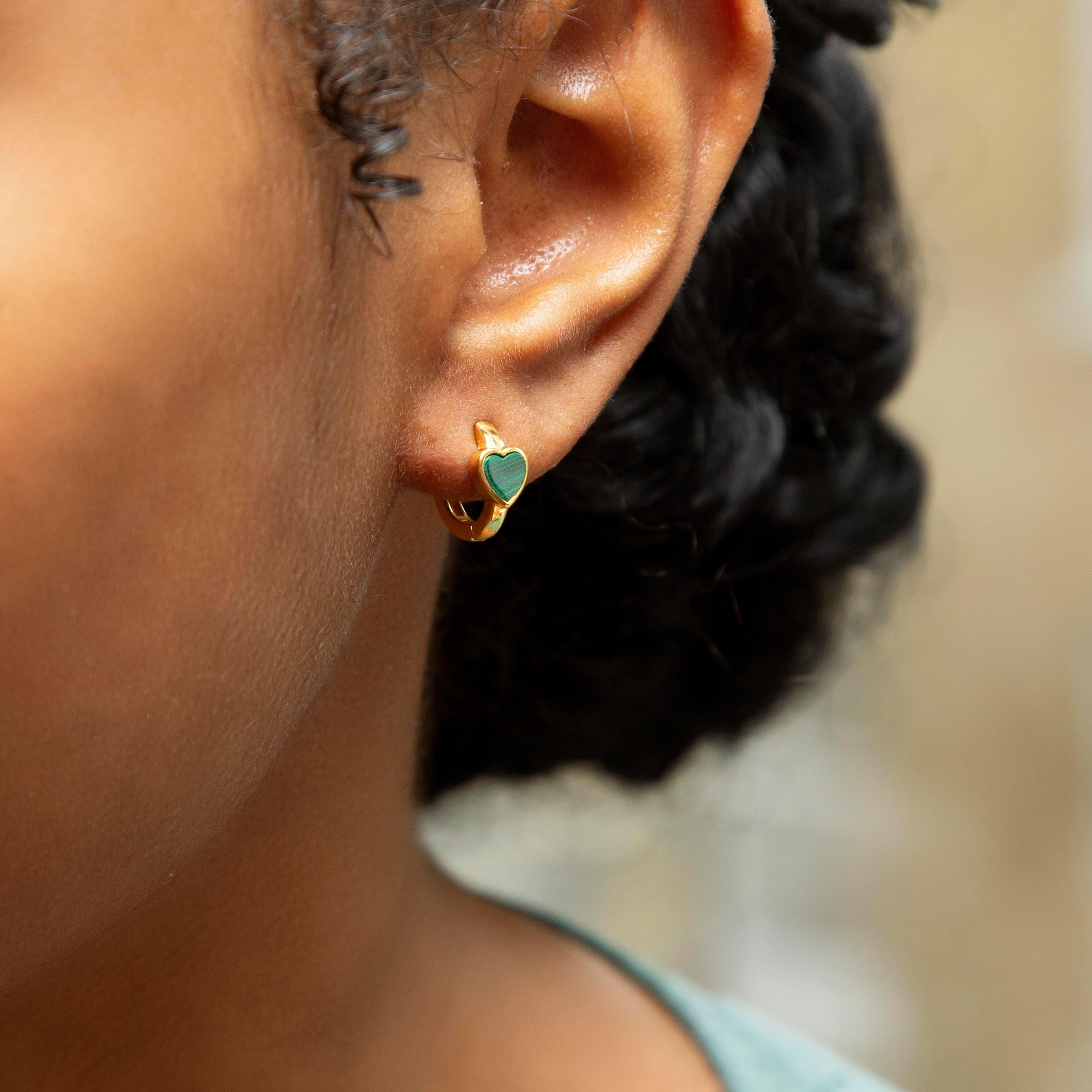 Yellow Gold Pla - Be You - Sterling Silver Gold Plated Heart Malachite Huggys - 2