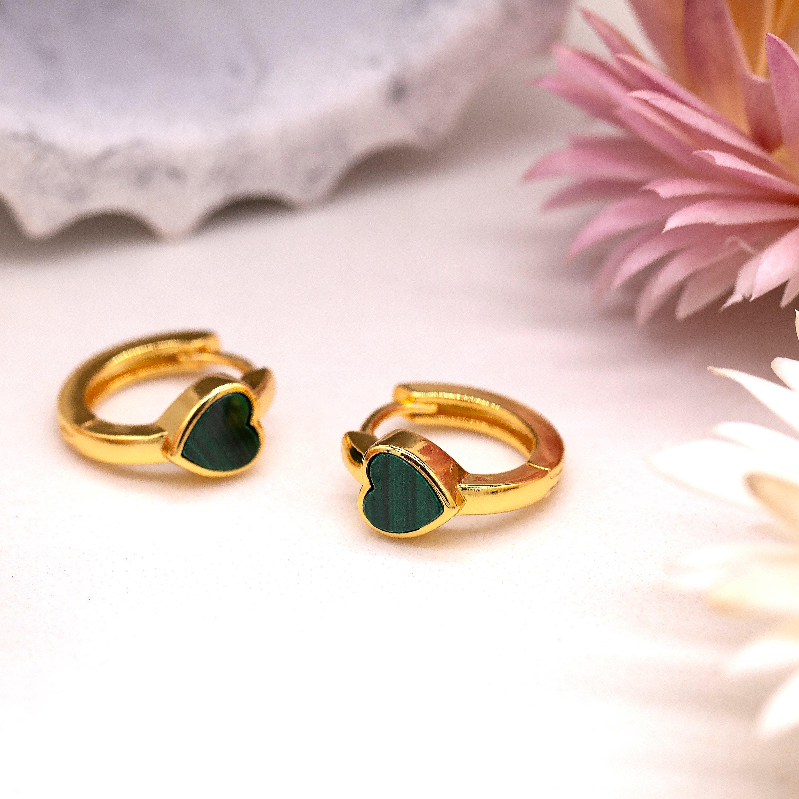 Yellow Gold Pla - Be You - Sterling Silver Gold Plated Heart Malachite Huggys - 3