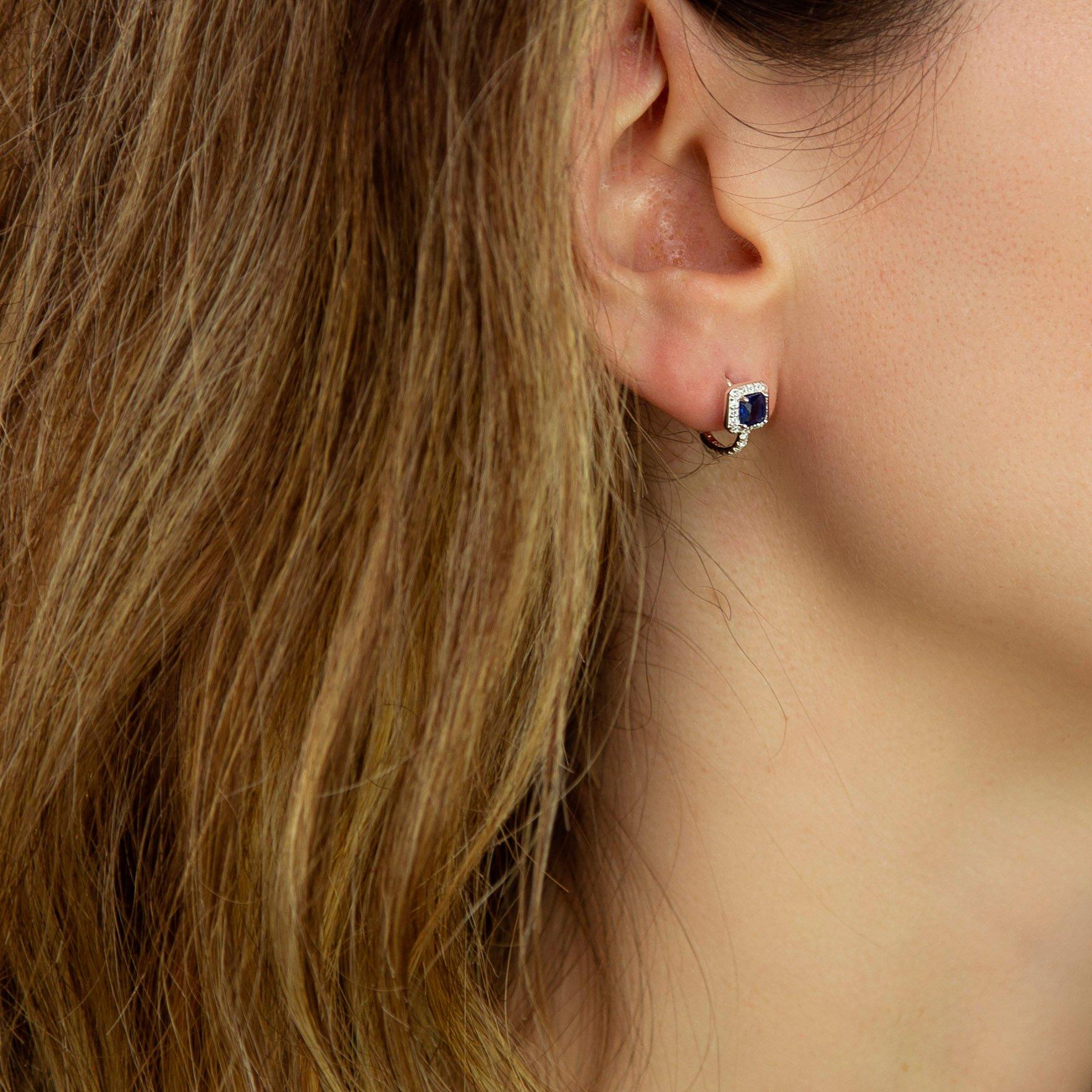 Sterling Silver - Be You - Sterling Silver CZ Sapphire Cushion Huggy Earrings - 4