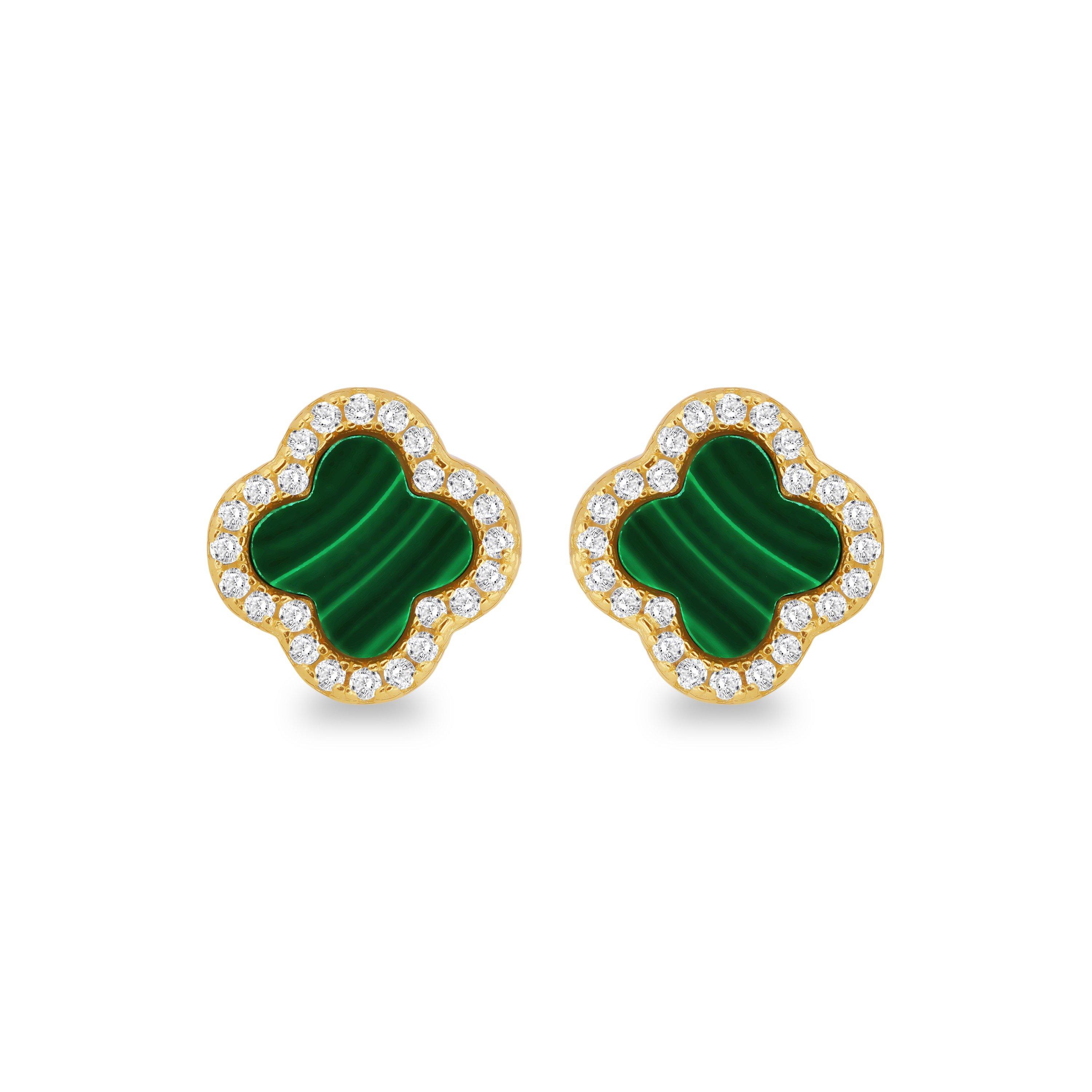 Yellow Gold Pla - Be You - Silver Gold Plated Clover Malachite & CZ Studs - 1