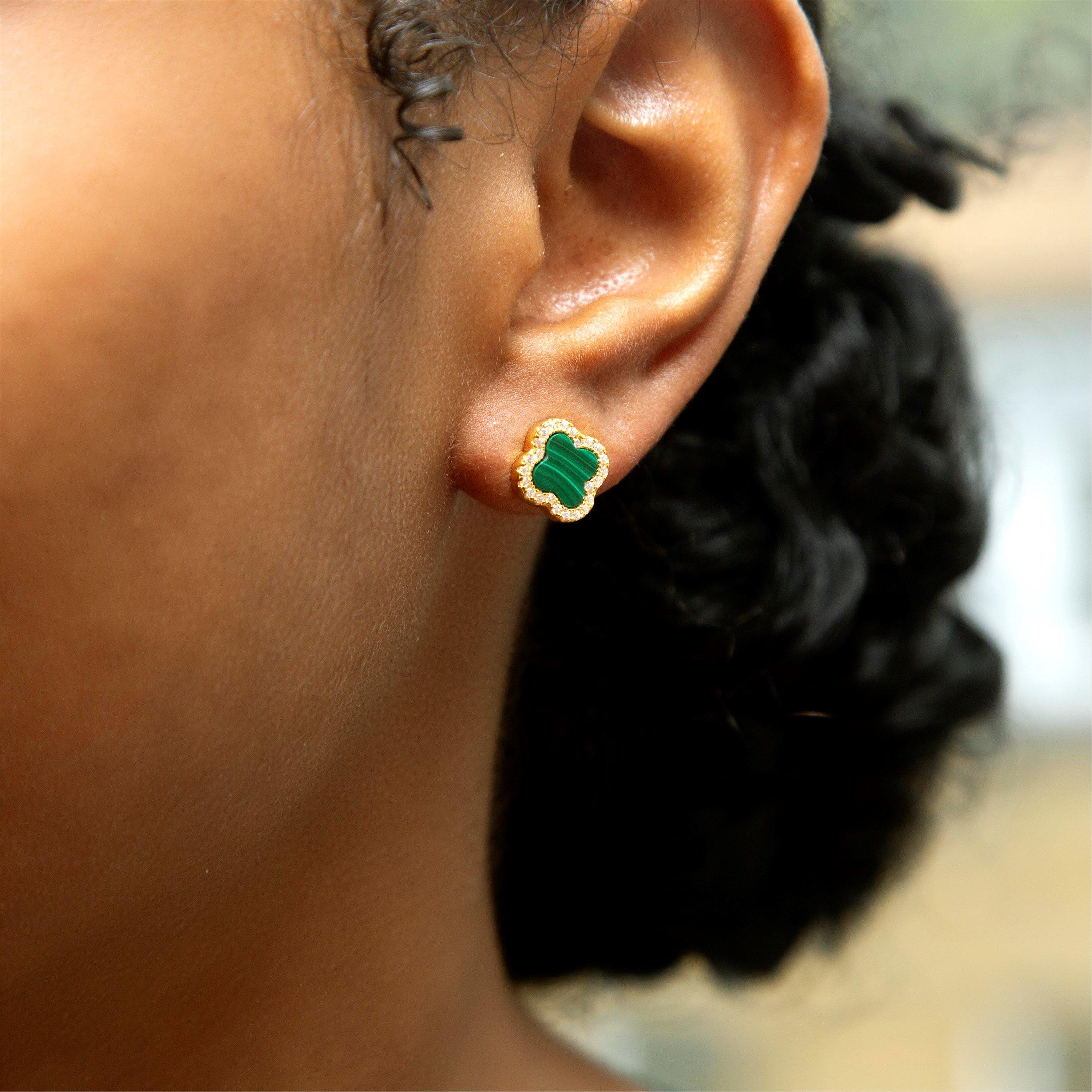 Yellow Gold Pla - Be You - Silver Gold Plated Clover Malachite & CZ Studs - 2