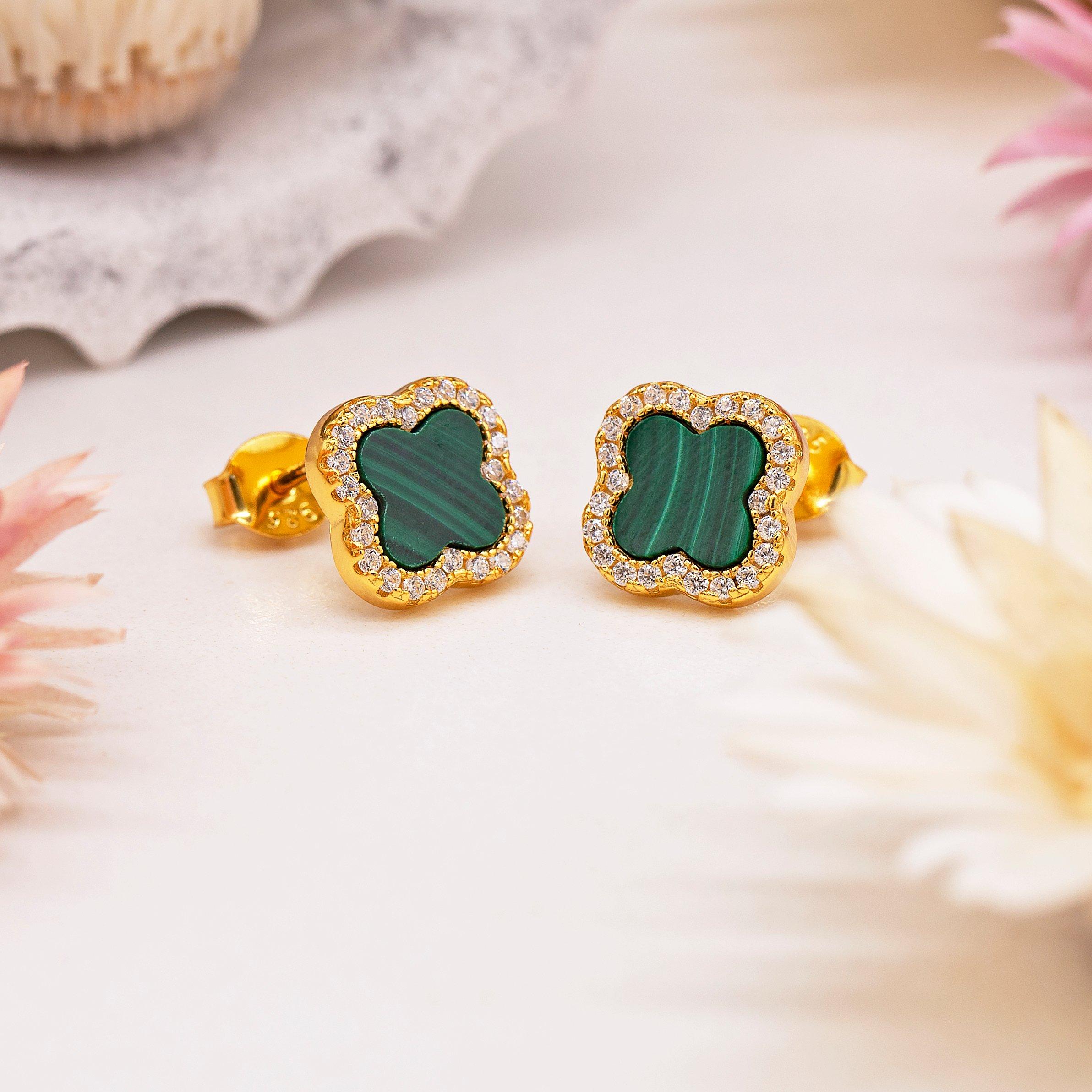 Yellow Gold Pla - Be You - Silver Gold Plated Clover Malachite & CZ Studs - 3