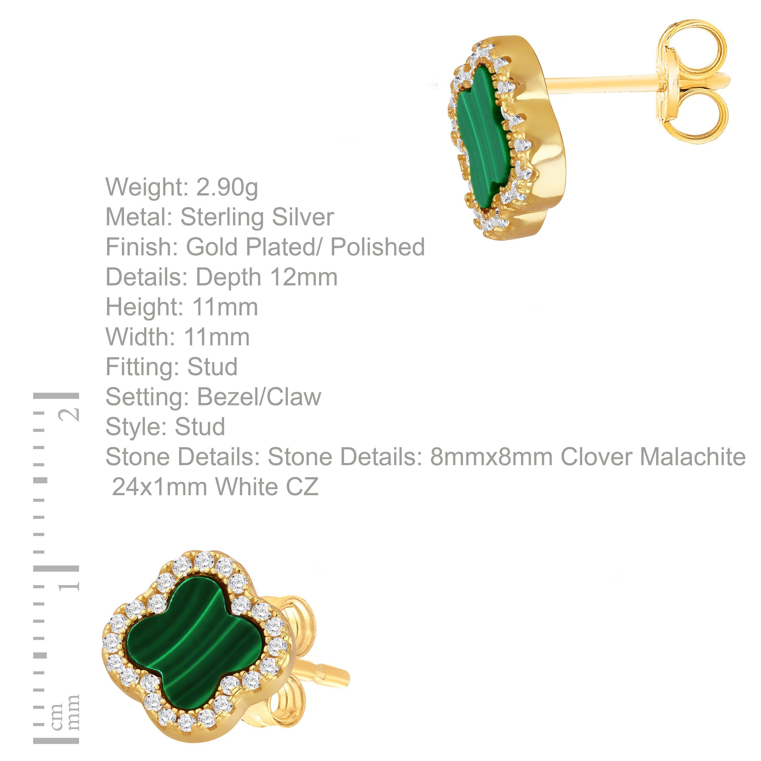 Yellow Gold Pla - Be You - Silver Gold Plated Clover Malachite & CZ Studs - 4