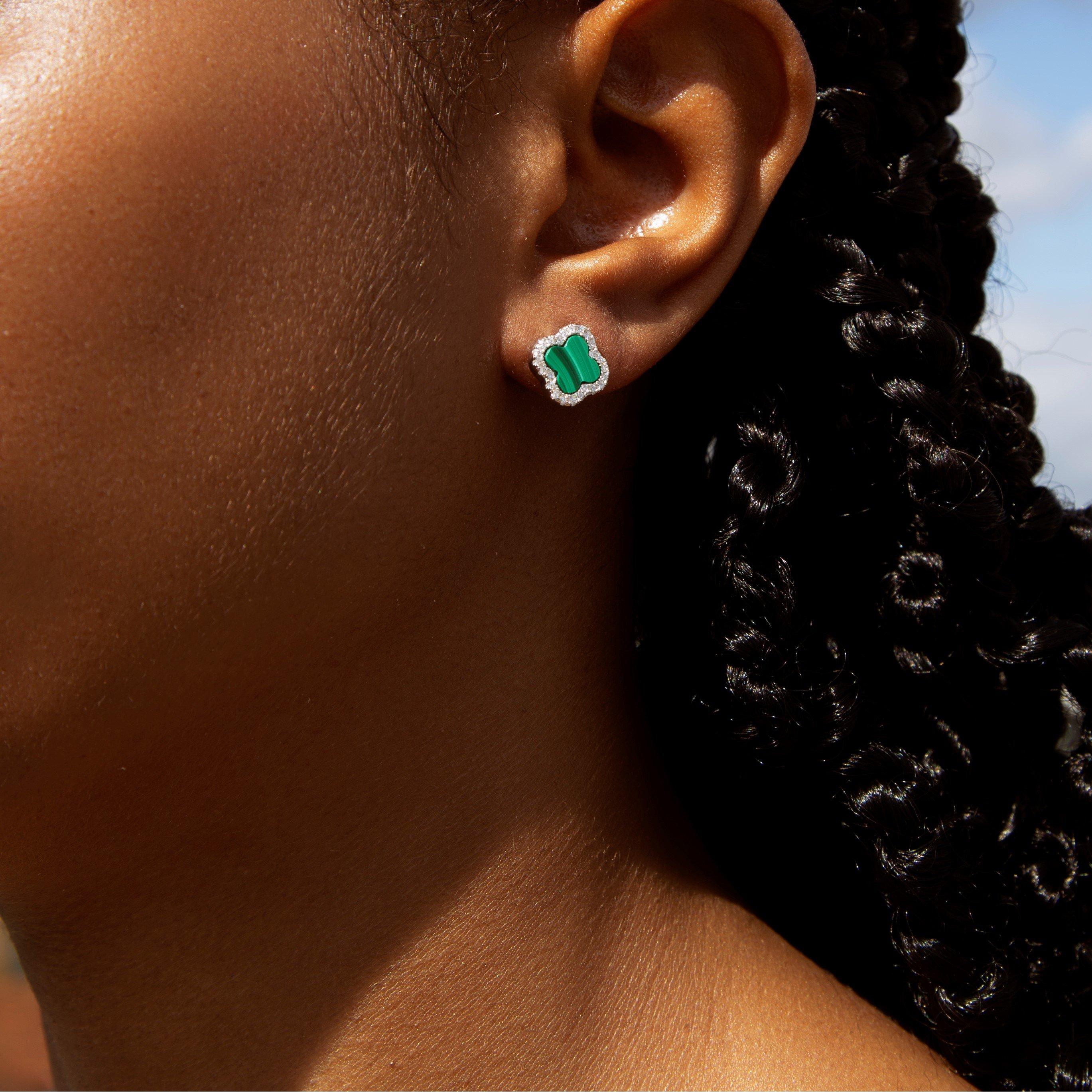 Sterling Silver - Be You - Sterling Silver Clover Malachite & CZ Studs - 4