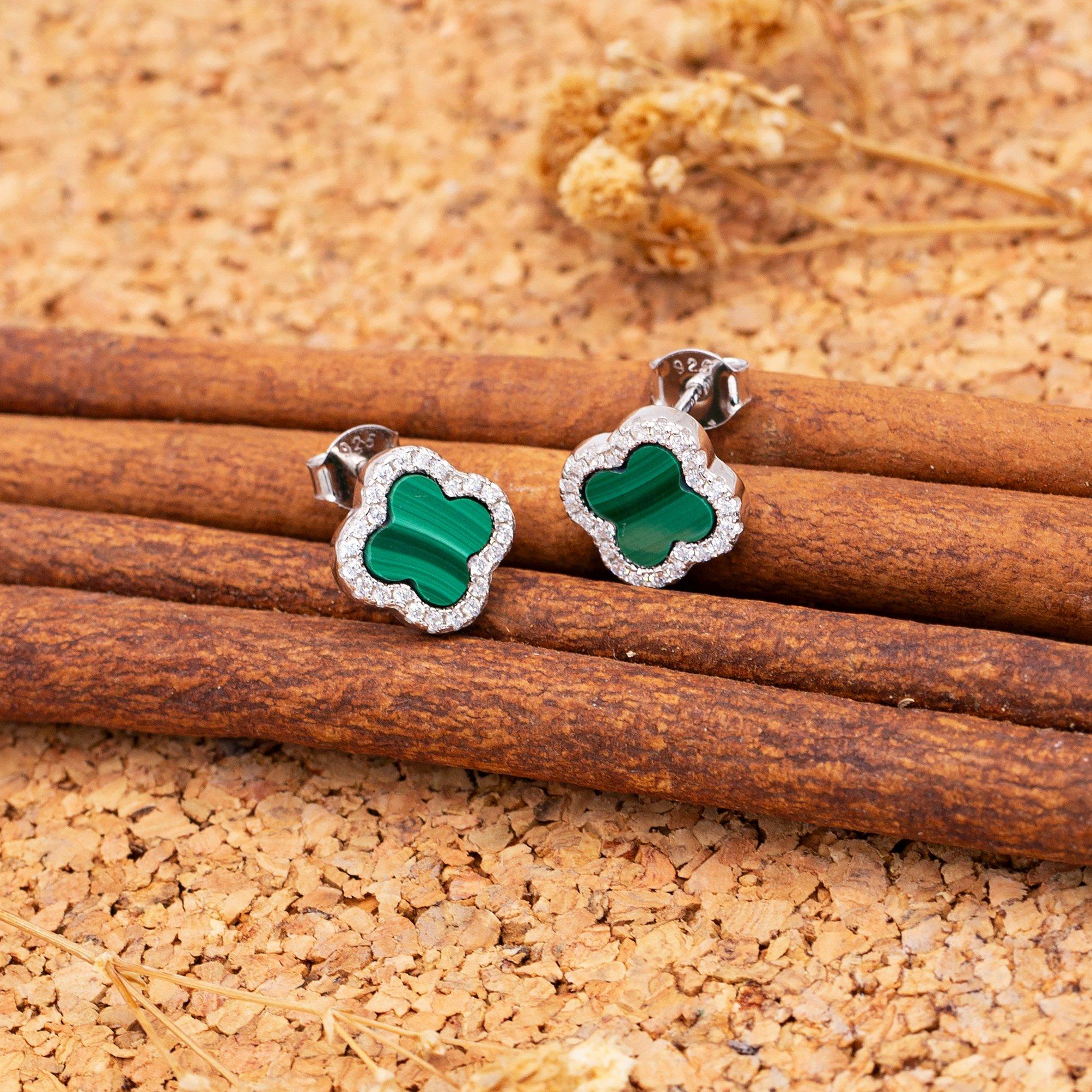 Sterling Silver - Be You - Sterling Silver Clover Malachite & CZ Studs - 5