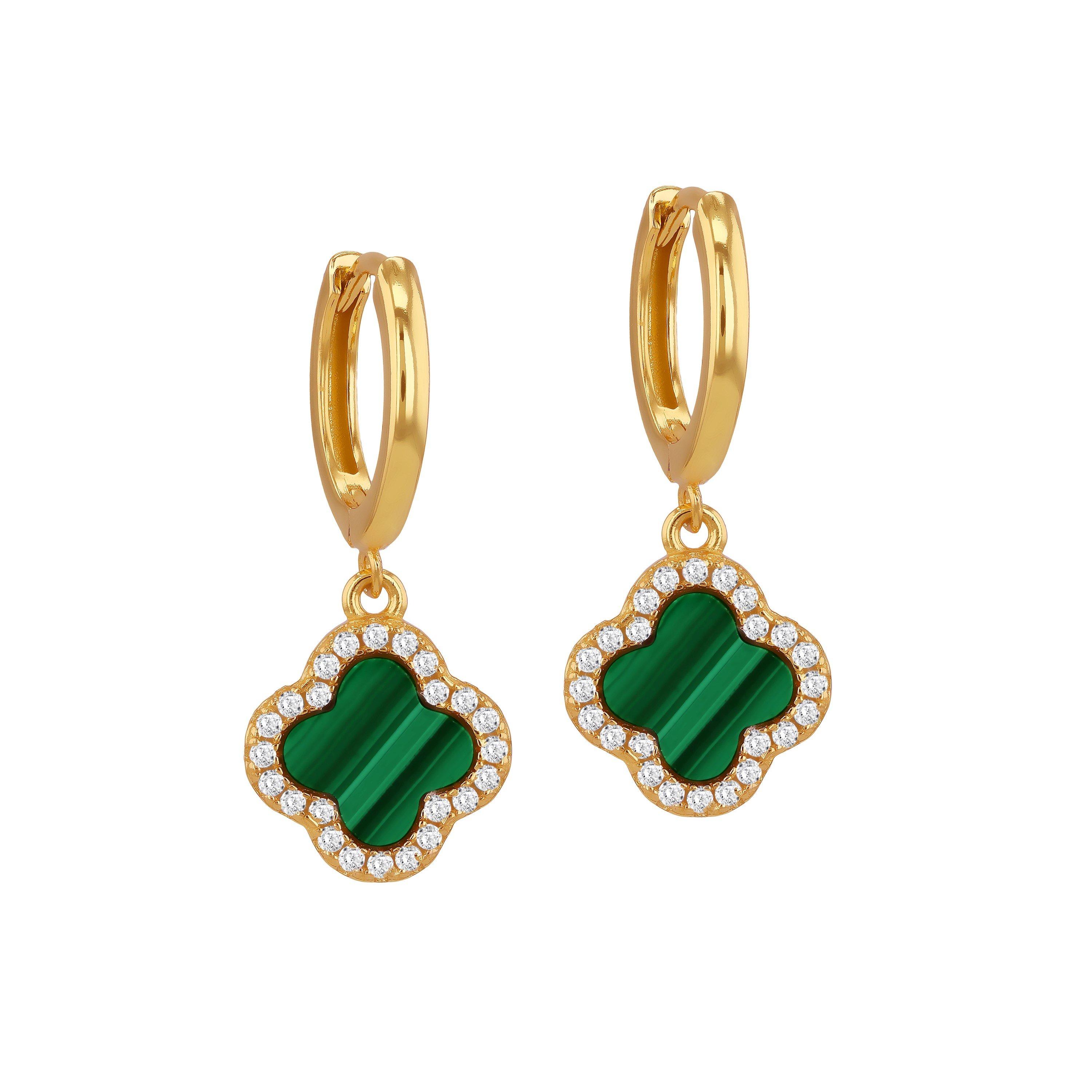 Yellow Gold Pla - Be You - Silver Gold Plated Clover Malachite & CZ Huggys - 1