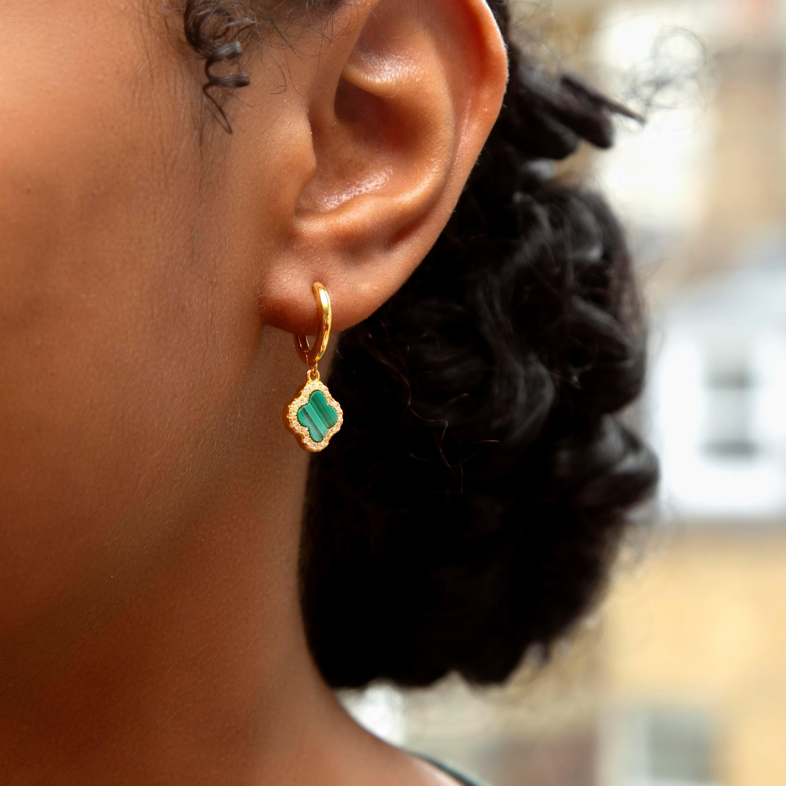 Yellow Gold Pla - Be You - Silver Gold Plated Clover Malachite & CZ Huggys - 2