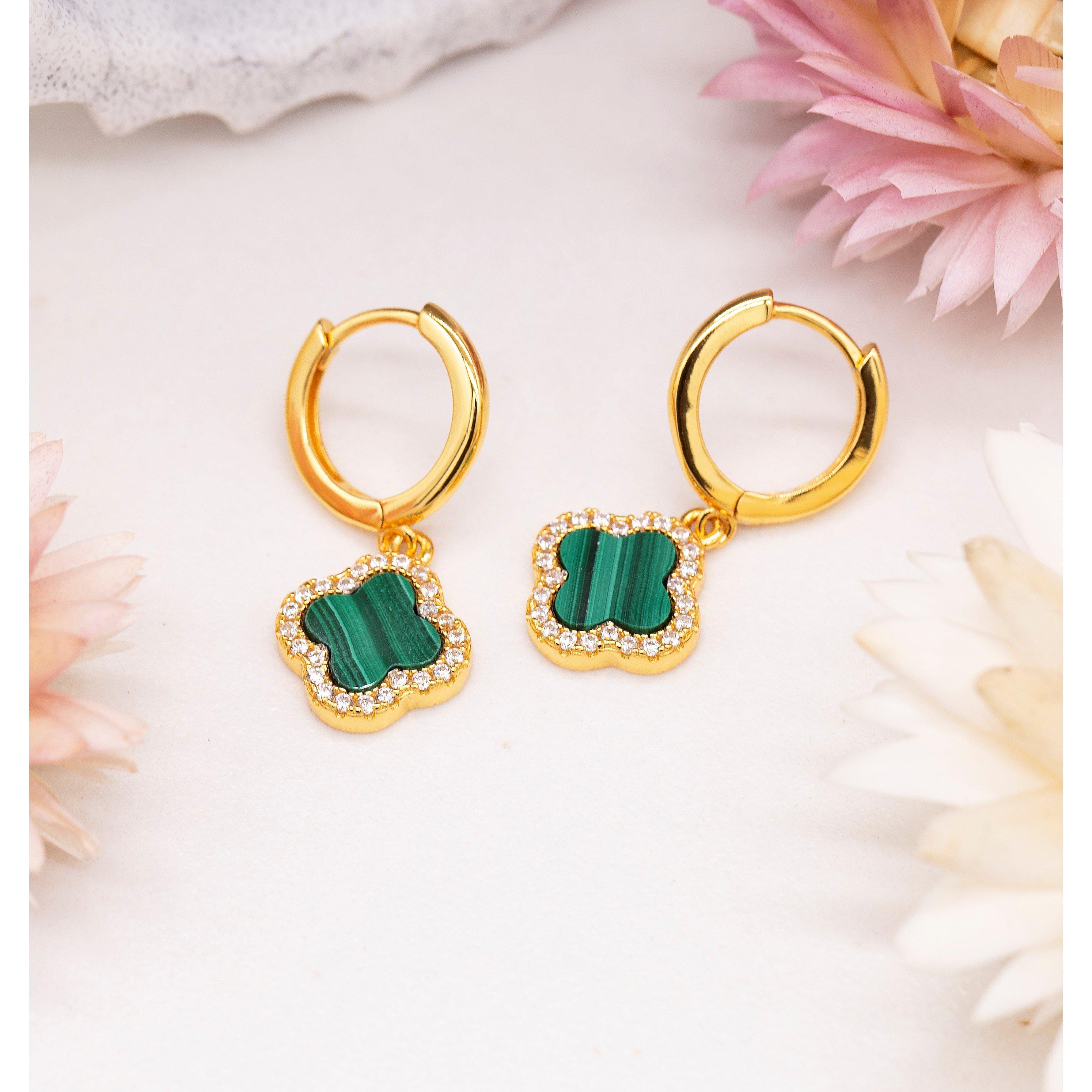 Yellow Gold Pla - Be You - Silver Gold Plated Clover Malachite & CZ Huggys - 3