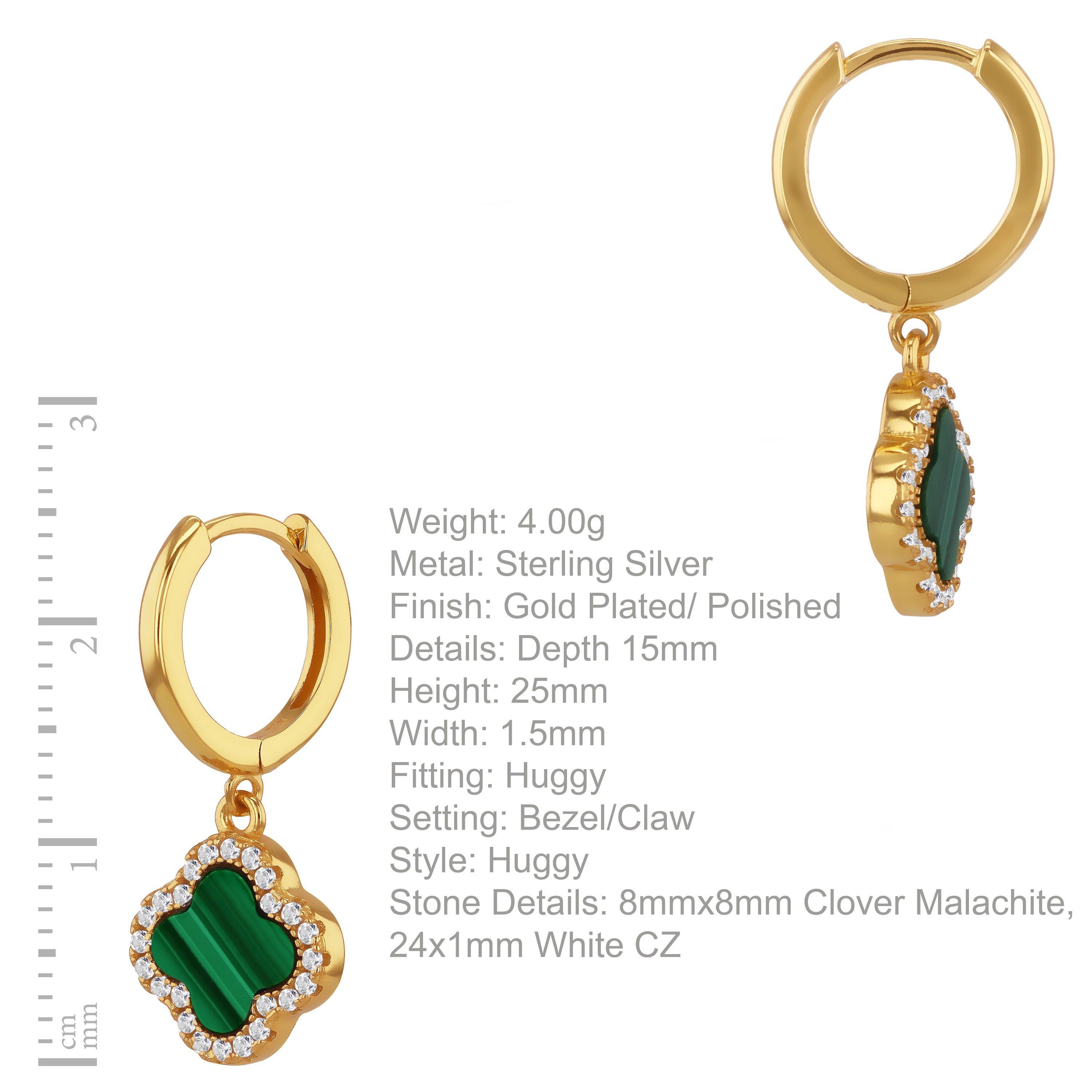 Yellow Gold Pla - Be You - Silver Gold Plated Clover Malachite & CZ Huggys - 4