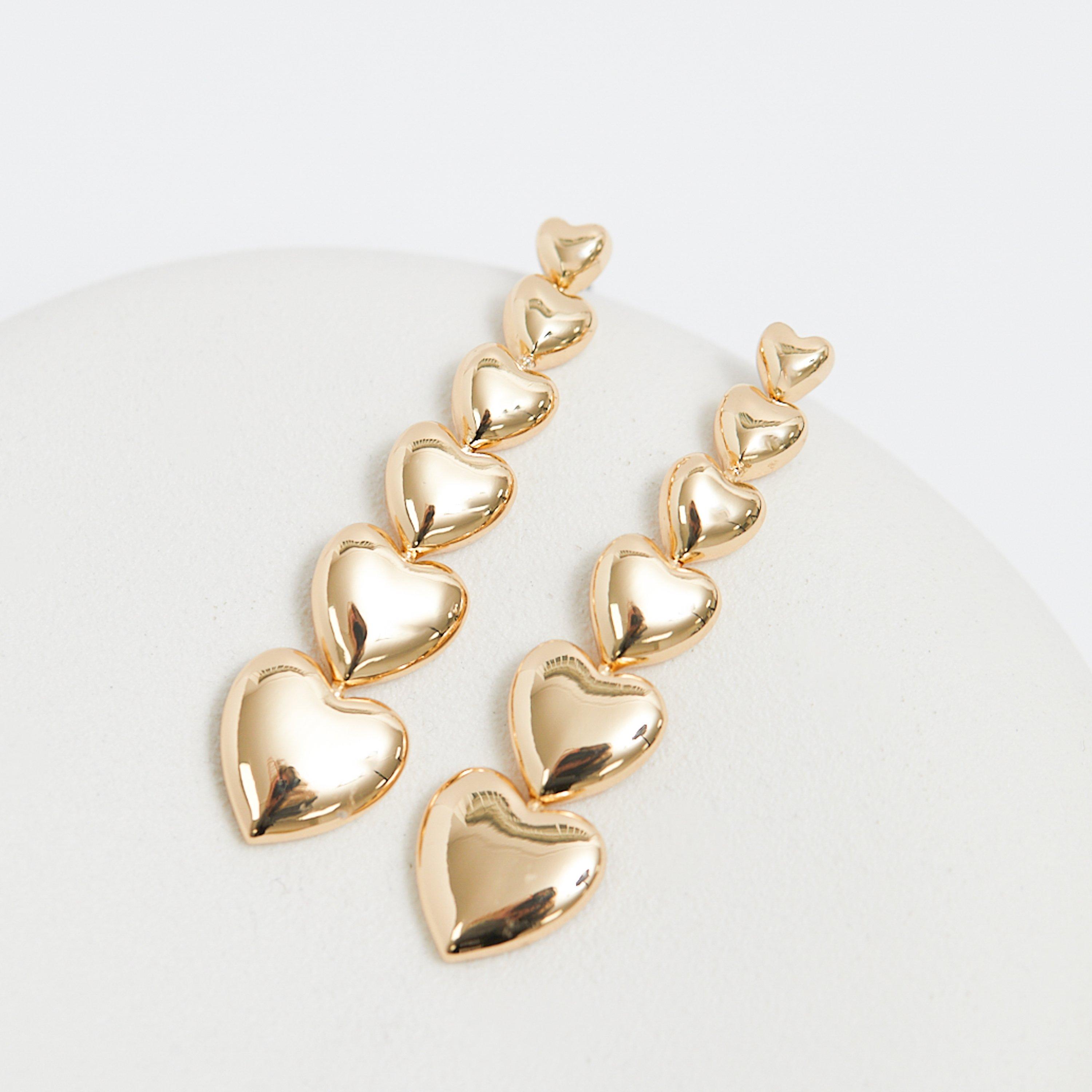Gold - Mood - Gold Graduated Heart Linear Drop Earrings - 2