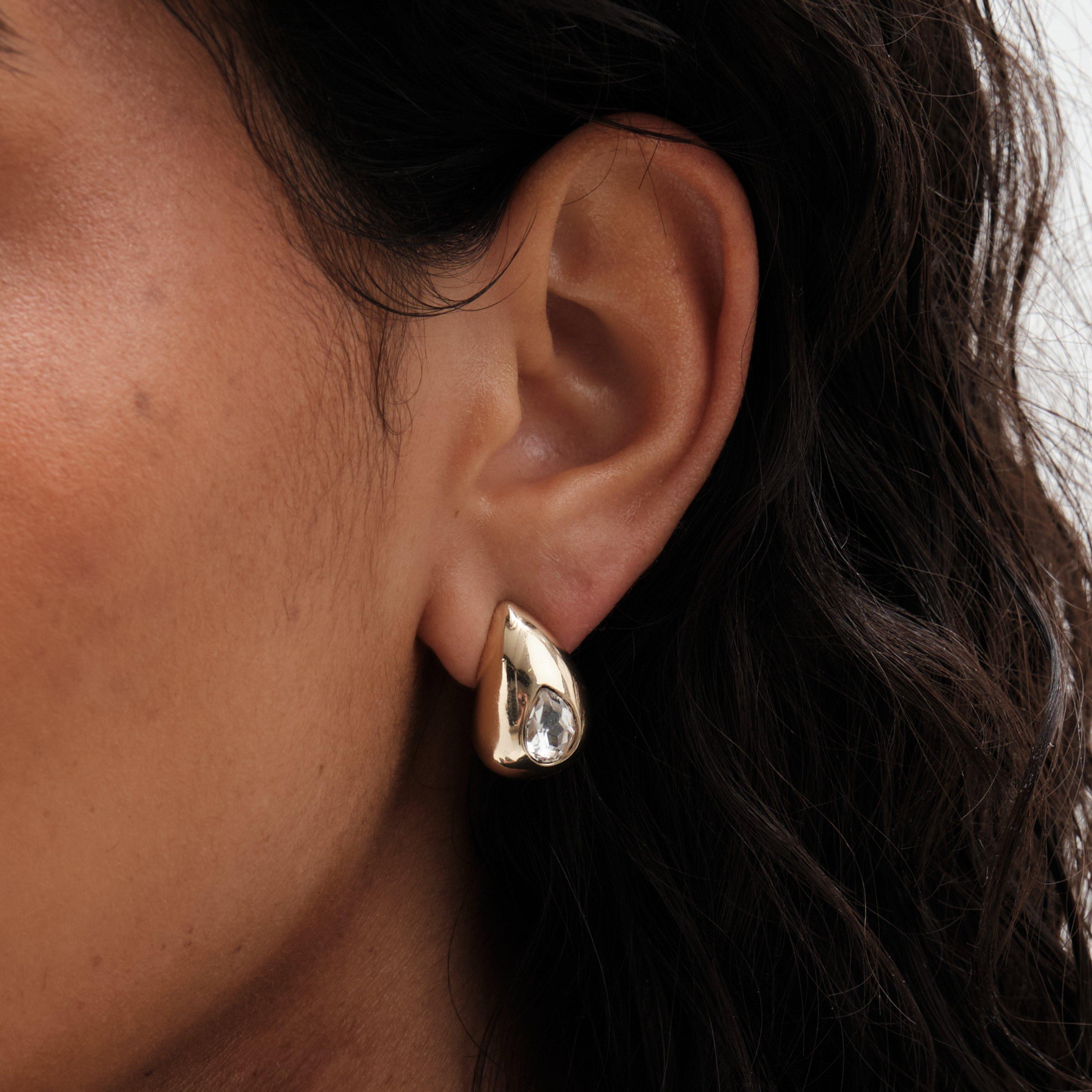 Gold - Mood - Gold Crystal Pear Dome Hoop Earrings - 1