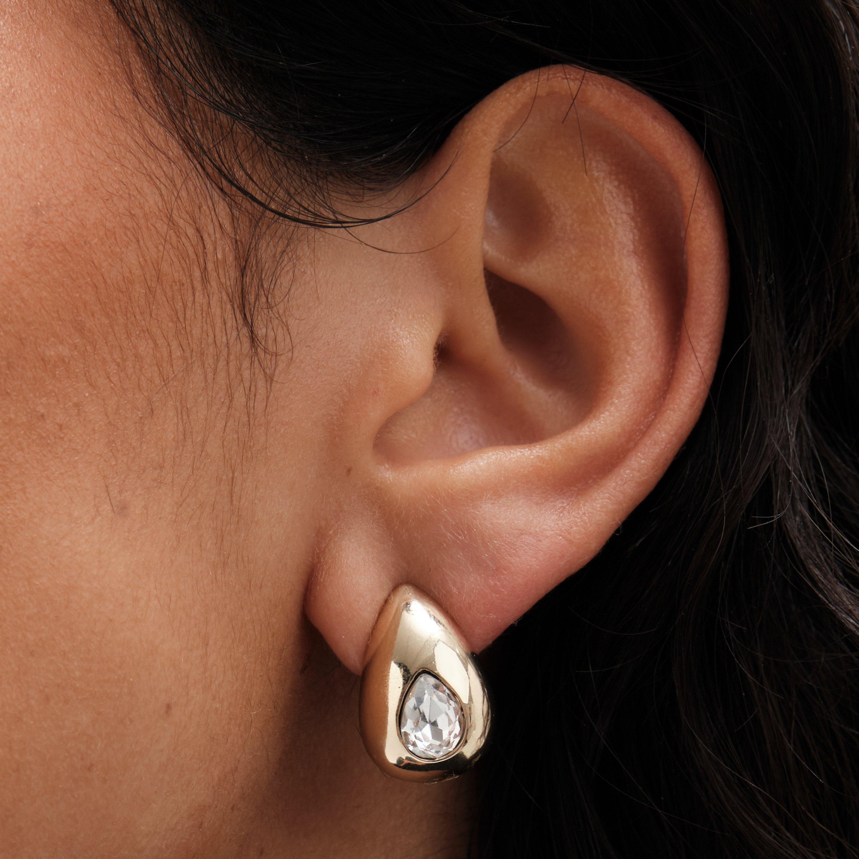 Gold - Mood - Gold Crystal Pear Dome Hoop Earrings - 2