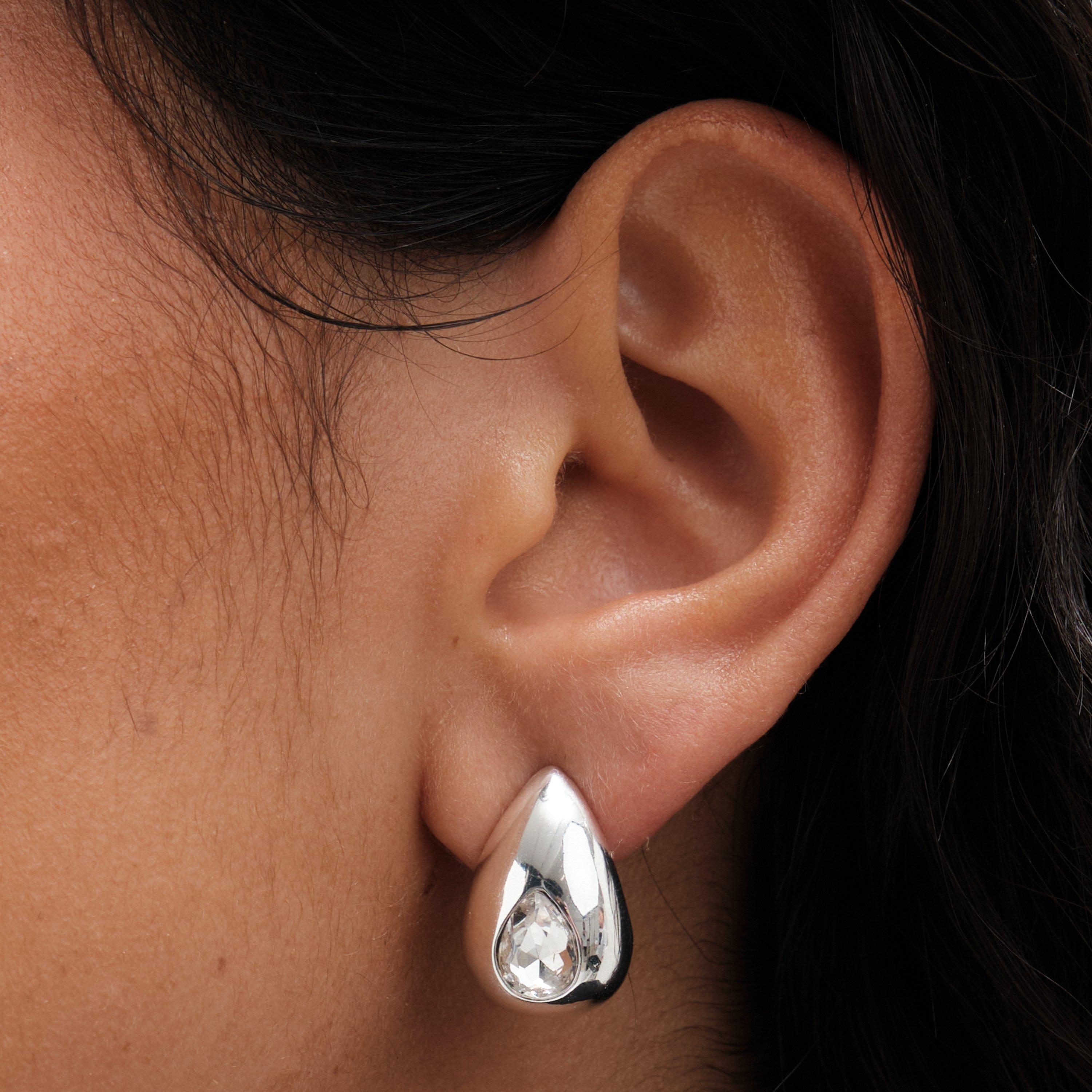 Silver - Mood - Silver Crystal Pear Dome Hoop Earrings - 1