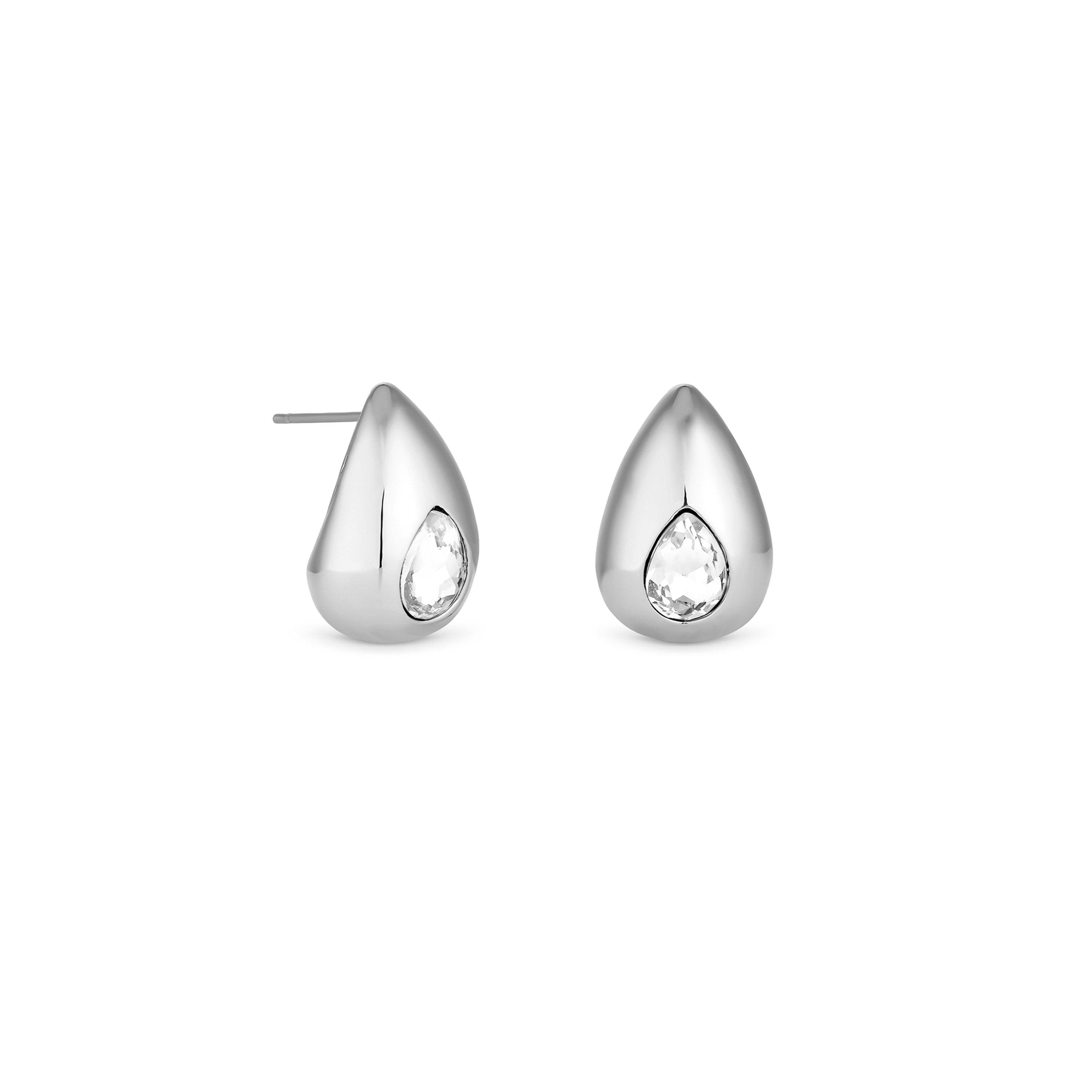 Silver - Mood - Silver Crystal Pear Dome Hoop Earrings - 2