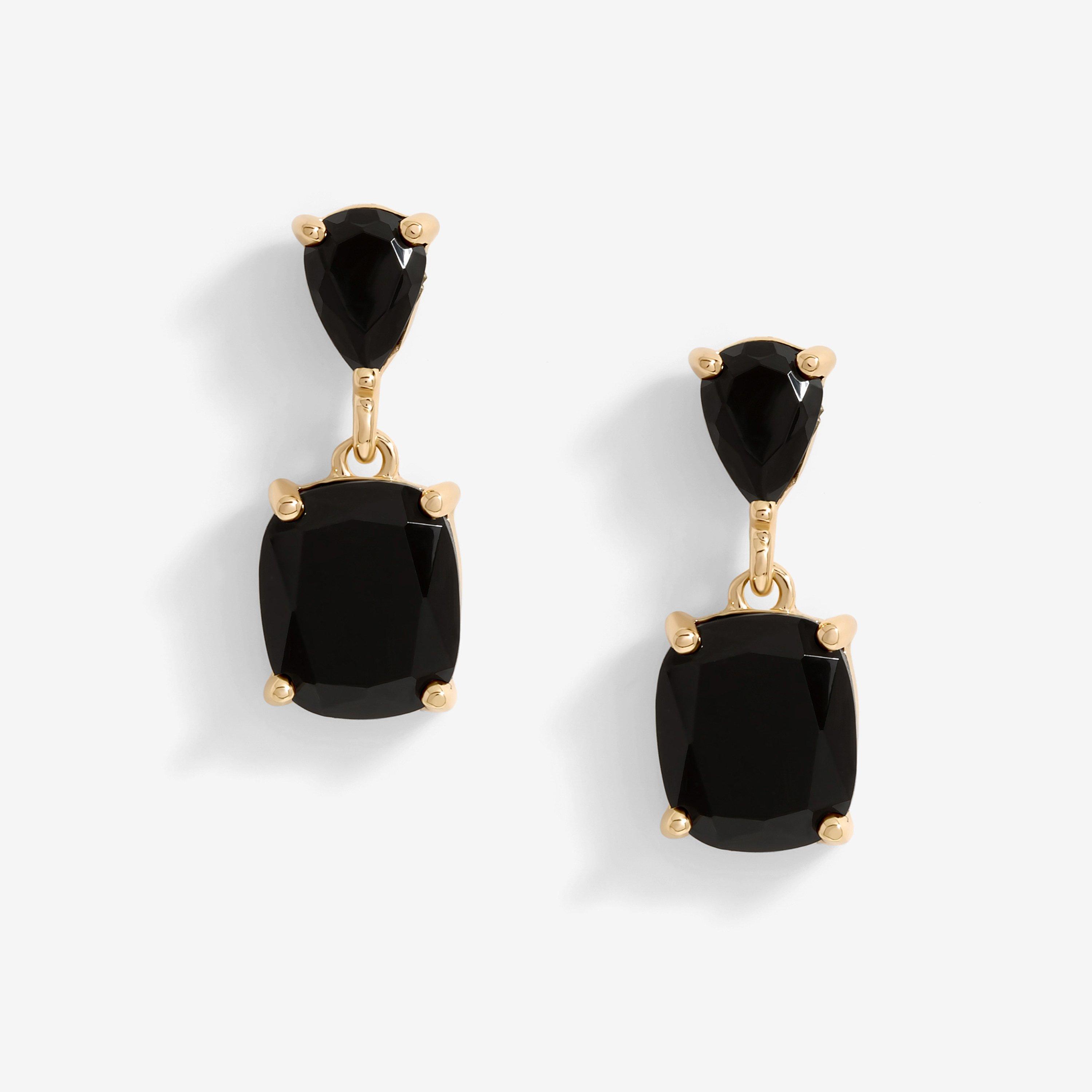 Gold - Mood - Gold Black Double Stone Drop Earrings - 1
