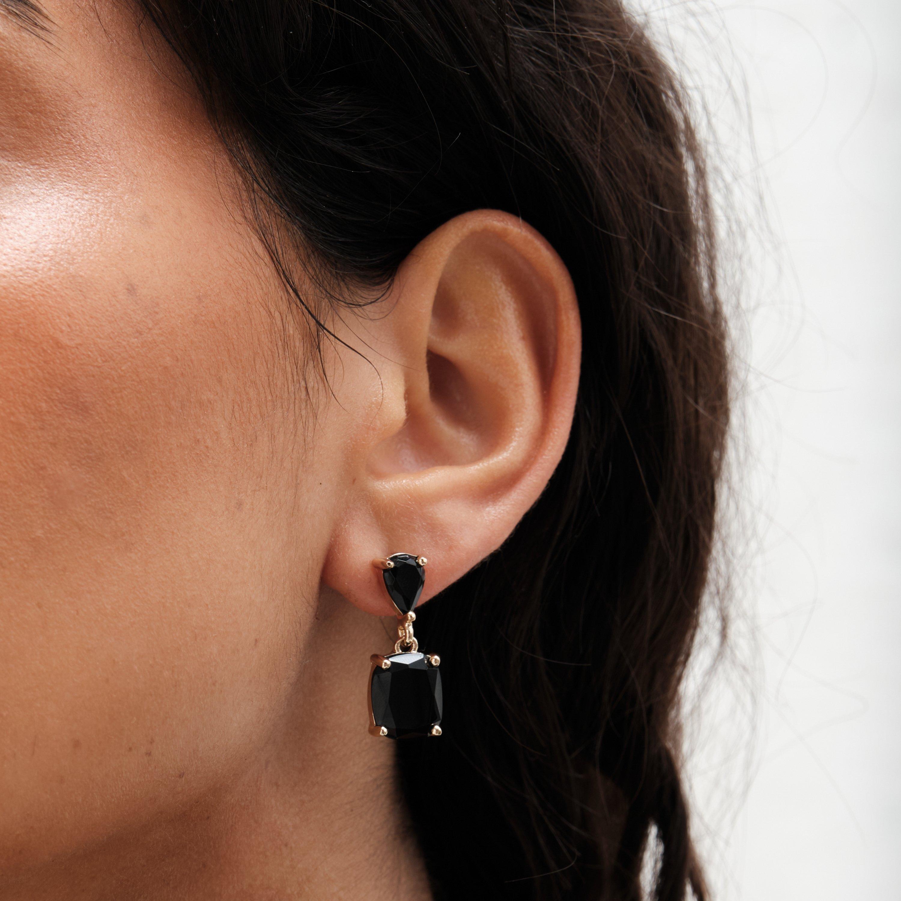 Gold - Mood - Gold Black Double Stone Drop Earrings - 3