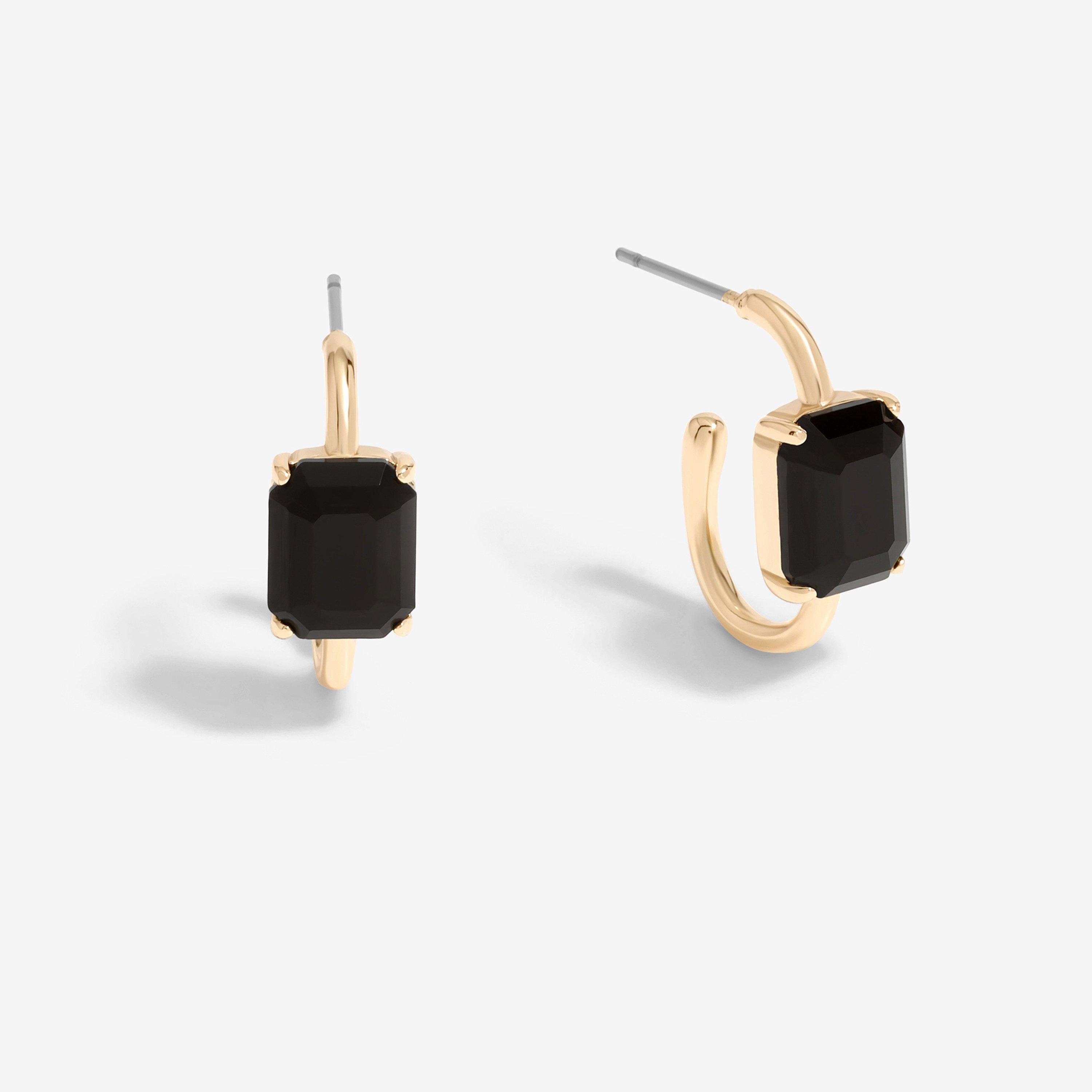 Gold - Mood - Gold Black Emerald Cut Stone Hoop Earrings - 1